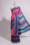 Pink zari striped dola silk saree with contrast border and floral printed blouse
