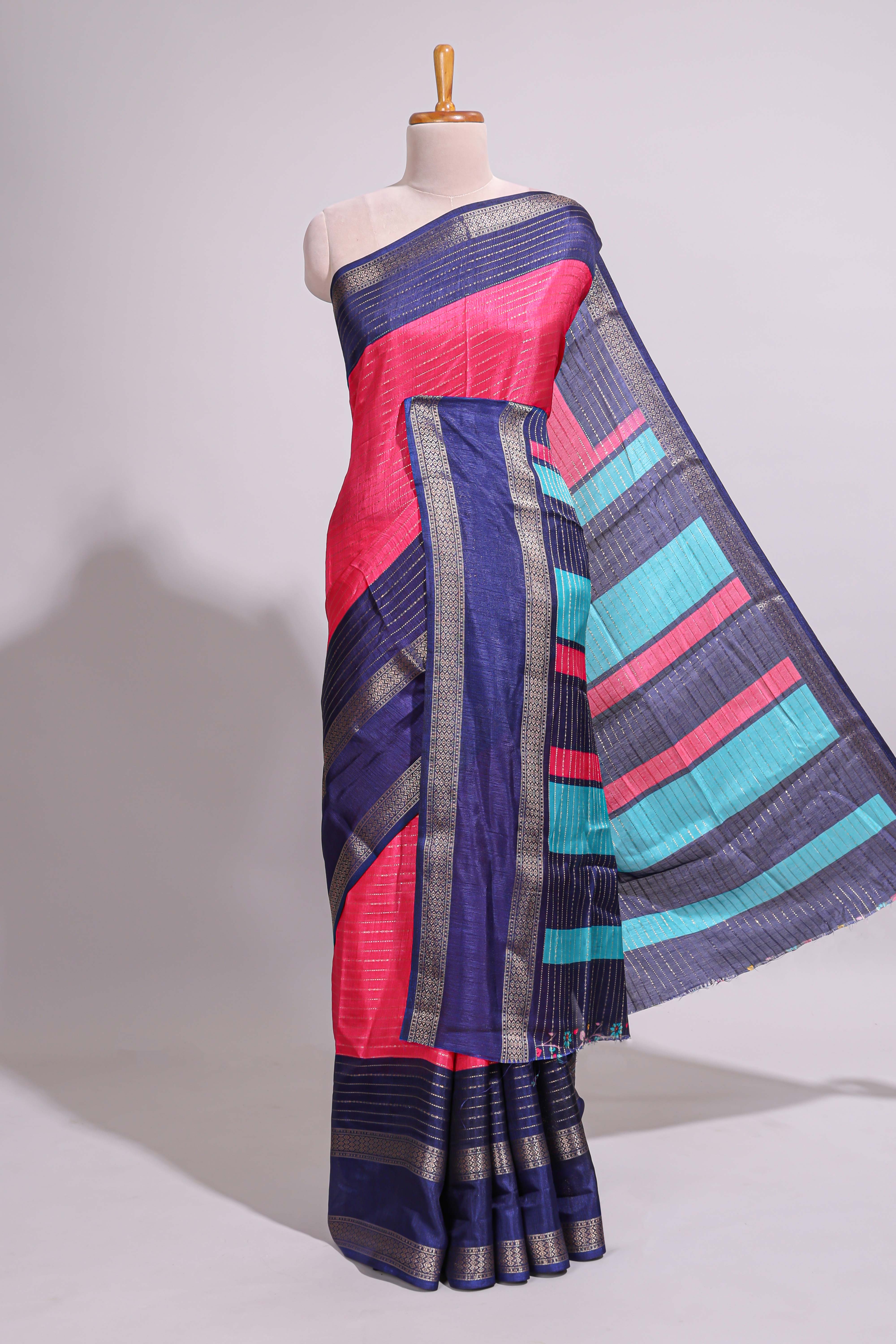 Pink zari striped dola silk saree with contrast border and floral printed blouse