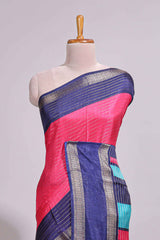 Pink zari striped dola silk saree with contrast border and floral printed blouse