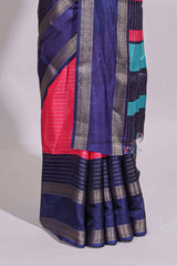 Pink zari striped dola silk saree with contrast border and floral printed blouse