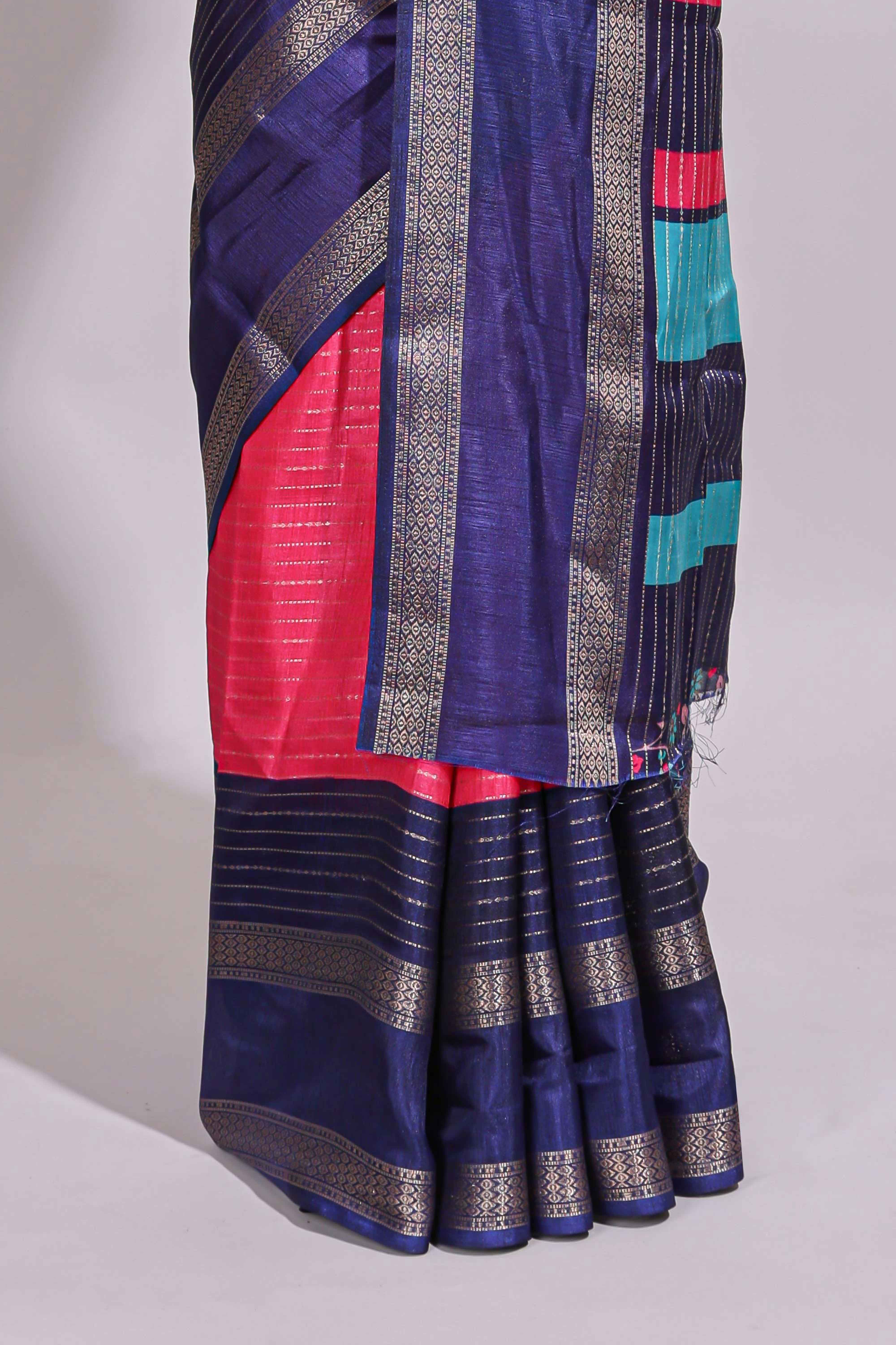Pink zari striped dola silk saree with contrast border and floral printed blouse