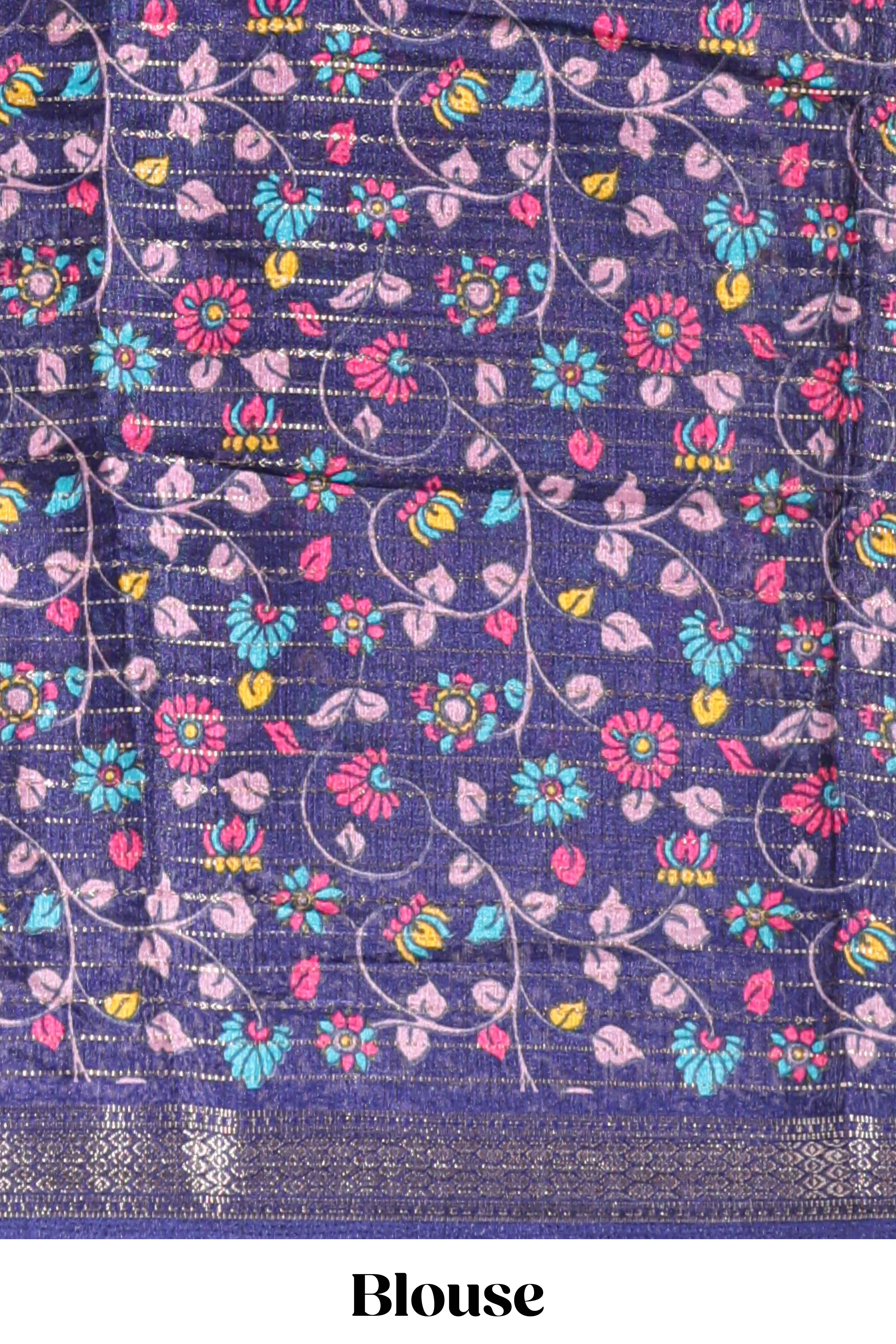 Pink zari striped dola silk saree with contrast border and floral printed blouse