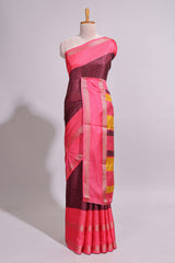 Maroon zari striped dola silk saree with contrast border and floral printed blouse