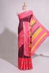 Maroon zari striped dola silk saree with contrast border and floral printed blouse