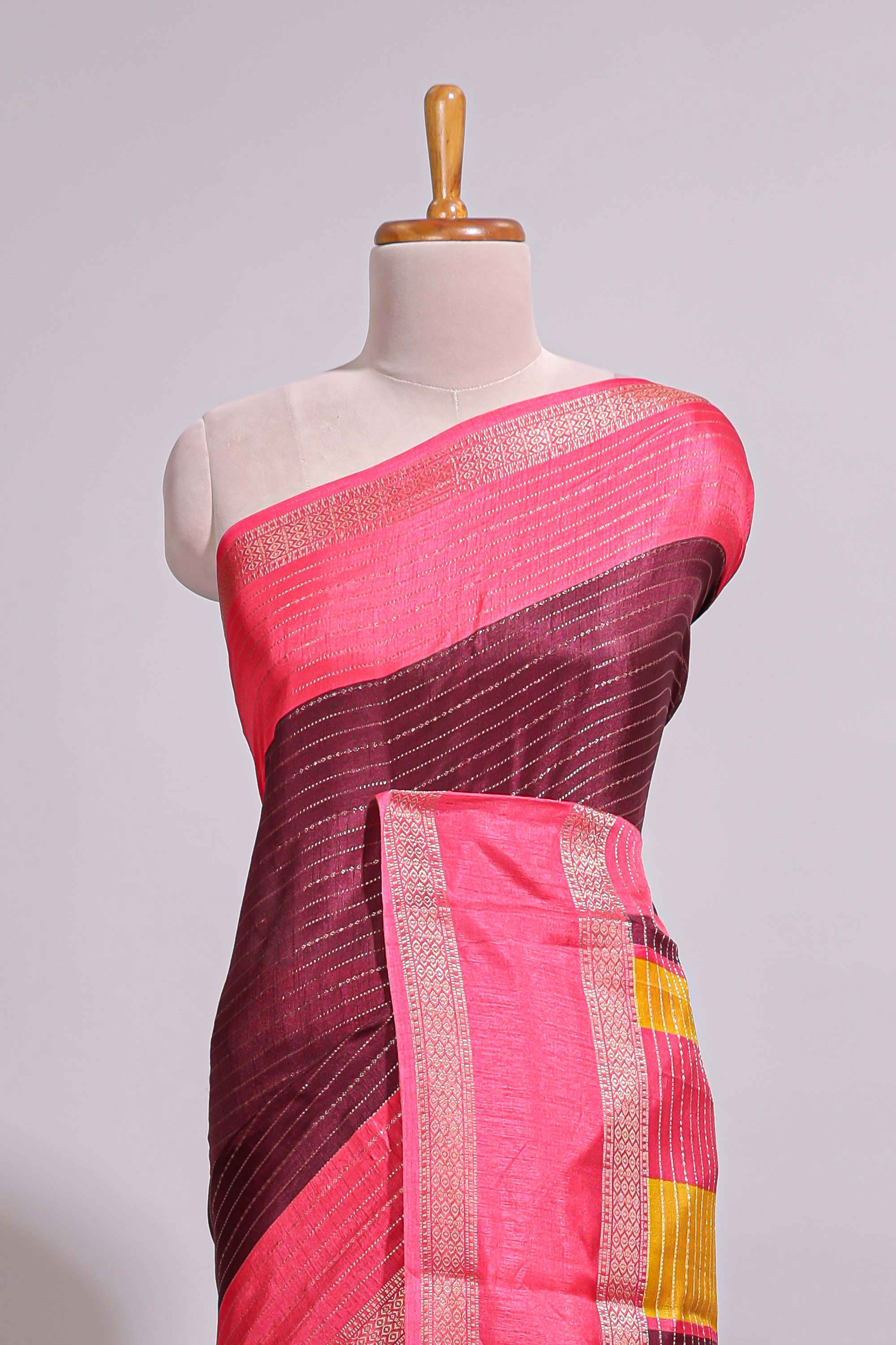 Maroon zari striped dola silk saree with contrast border and floral printed blouse
