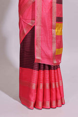 Maroon zari striped dola silk saree with contrast border and floral printed blouse
