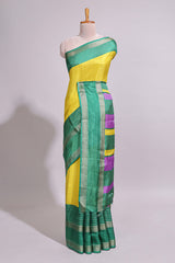 Lime yellow zari striped dola silk saree with contrast border and floral printed blouse