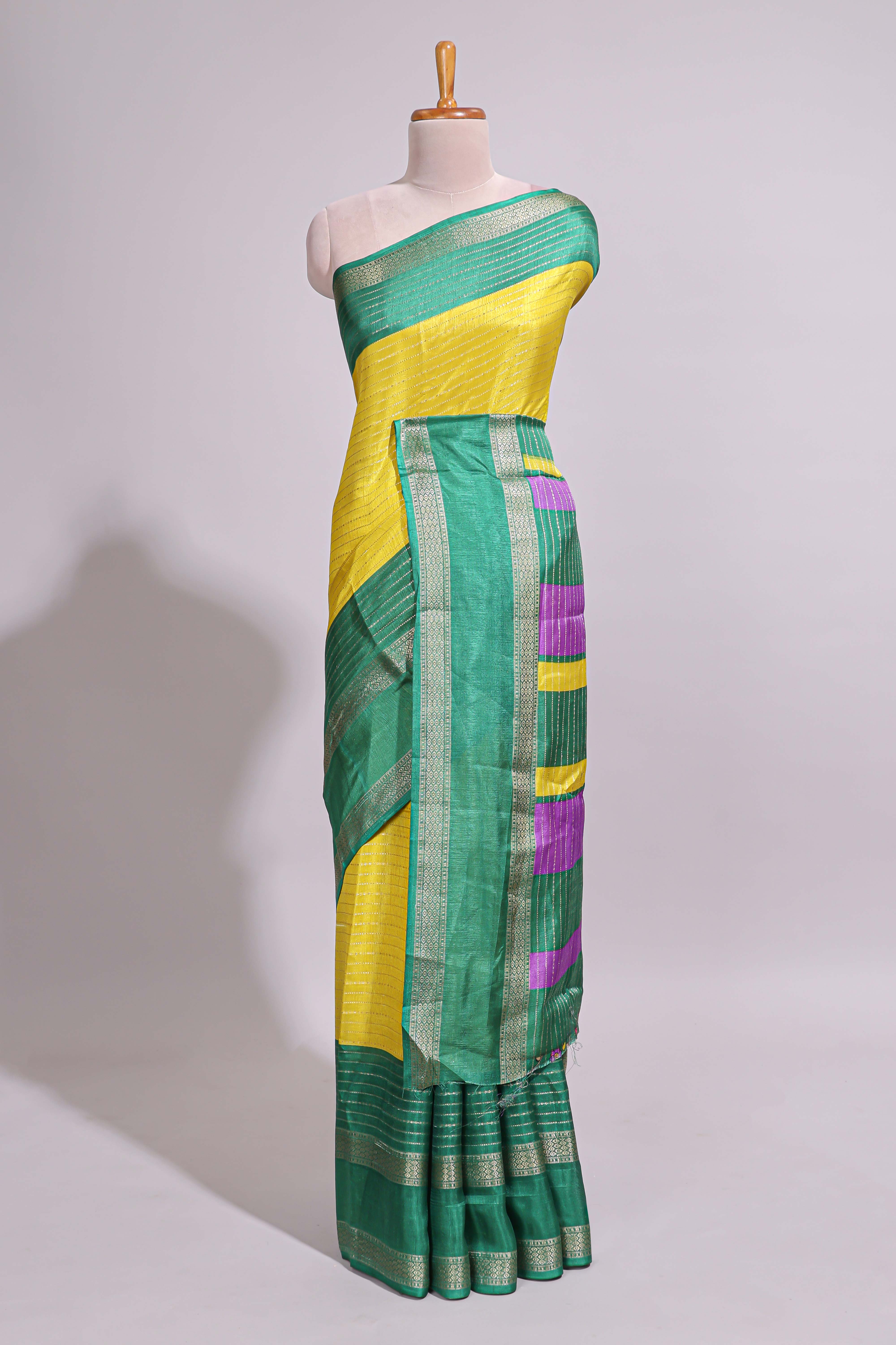 Lime yellow zari striped dola silk saree with contrast border and floral printed blouse