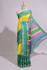 Lime yellow zari striped dola silk saree with contrast border and floral printed blouse