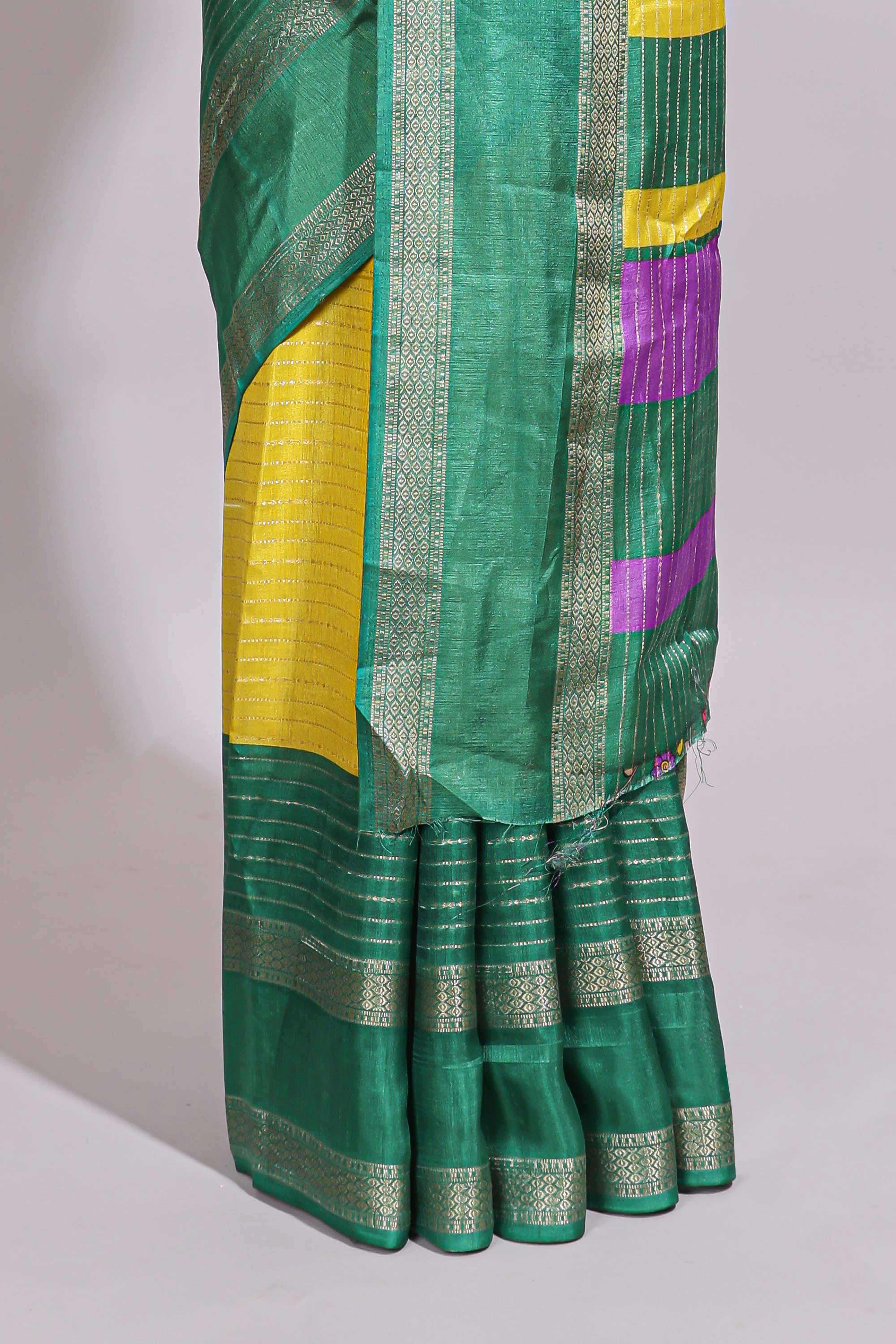 Lime yellow zari striped dola silk saree with contrast border and floral printed blouse