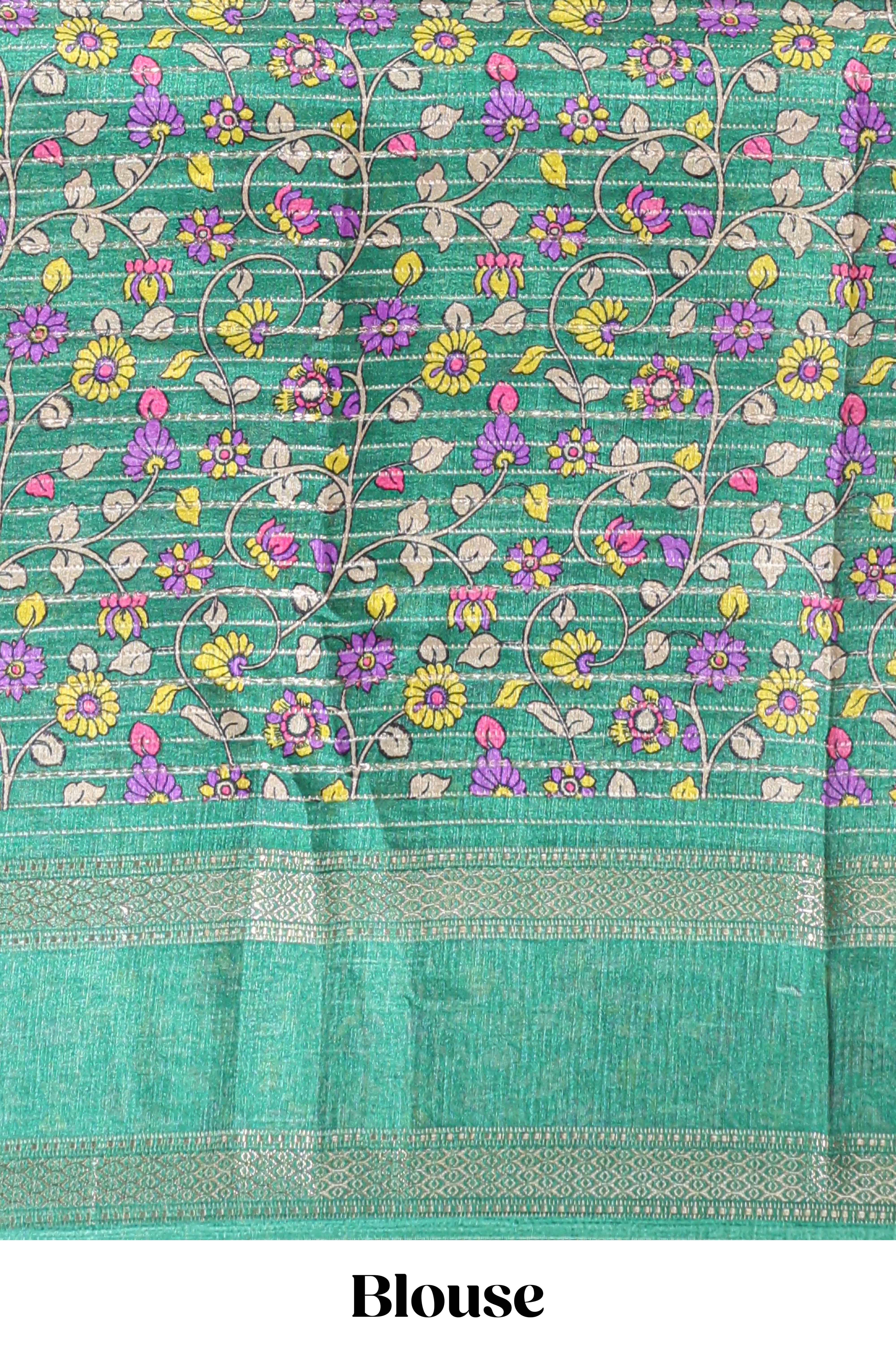 Lime yellow zari striped dola silk saree with contrast border and floral printed blouse