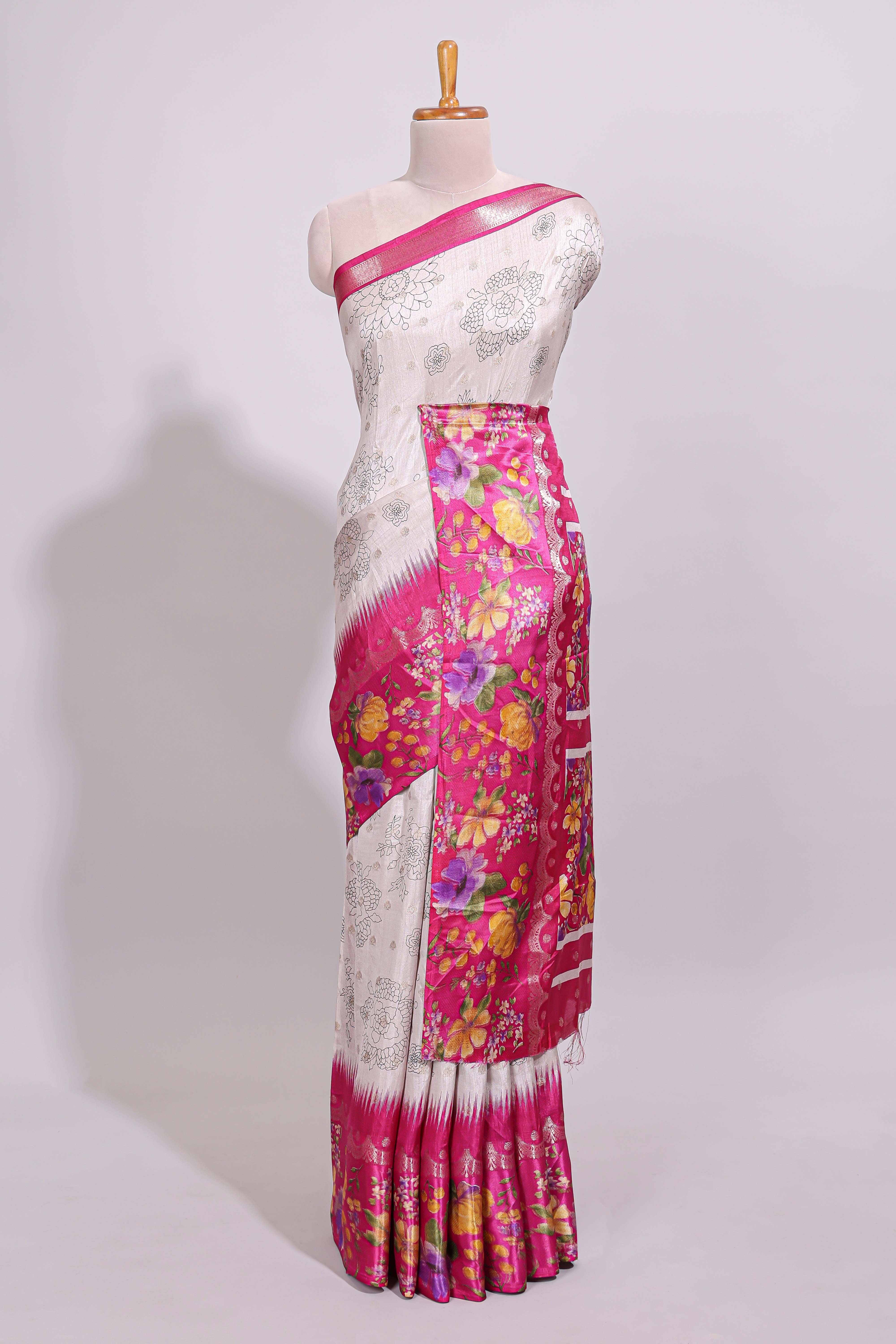Off white floral design dola silk saree with contrast floral border and printed motifs blouse