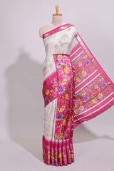 Off white floral design dola silk saree with contrast floral border and printed motifs blouse