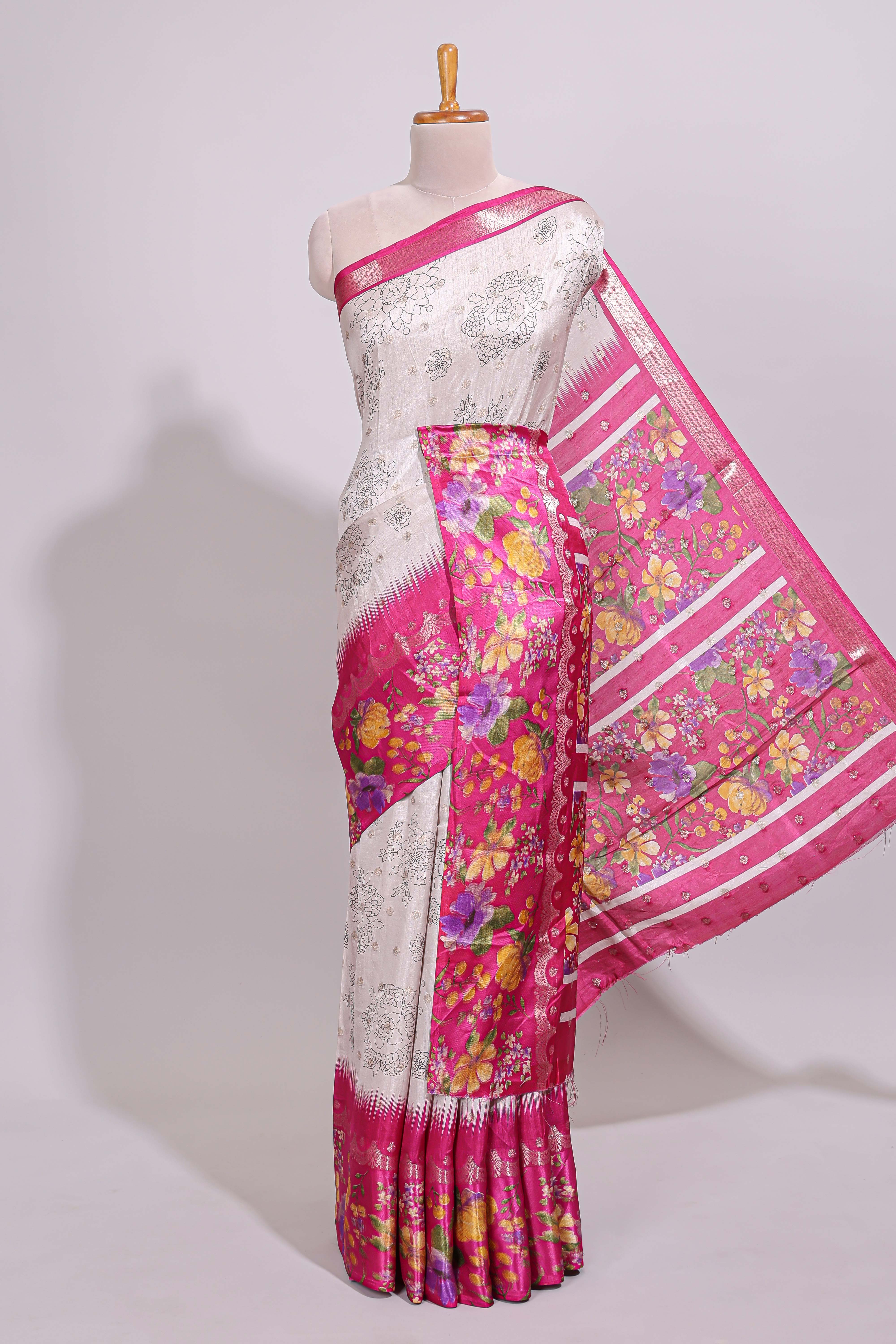 Off white floral design dola silk saree with contrast floral border and printed motifs blouse