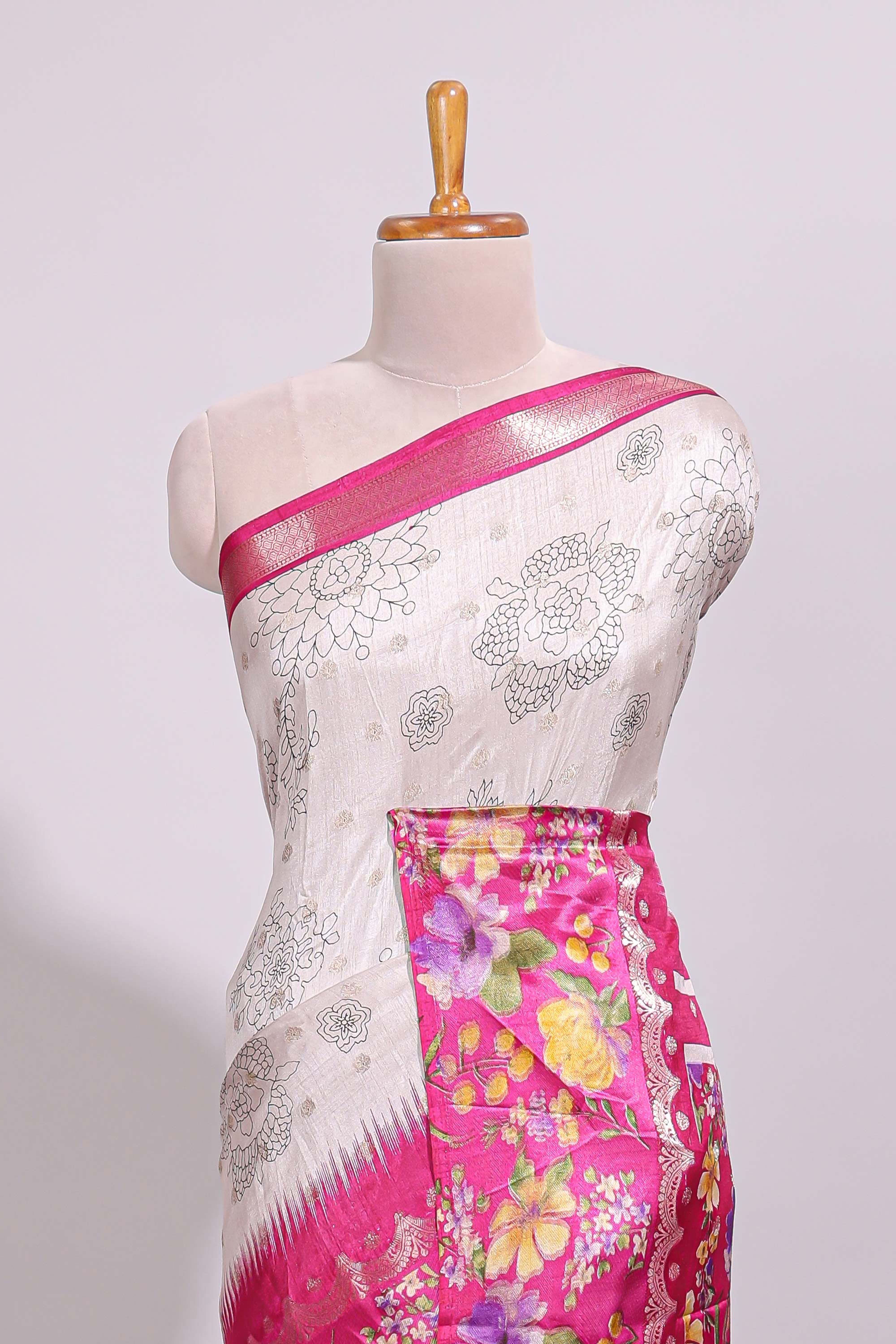 Off white floral design dola silk saree with contrast floral border and printed motifs blouse
