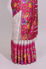 Off white floral design dola silk saree with contrast floral border and printed motifs blouse