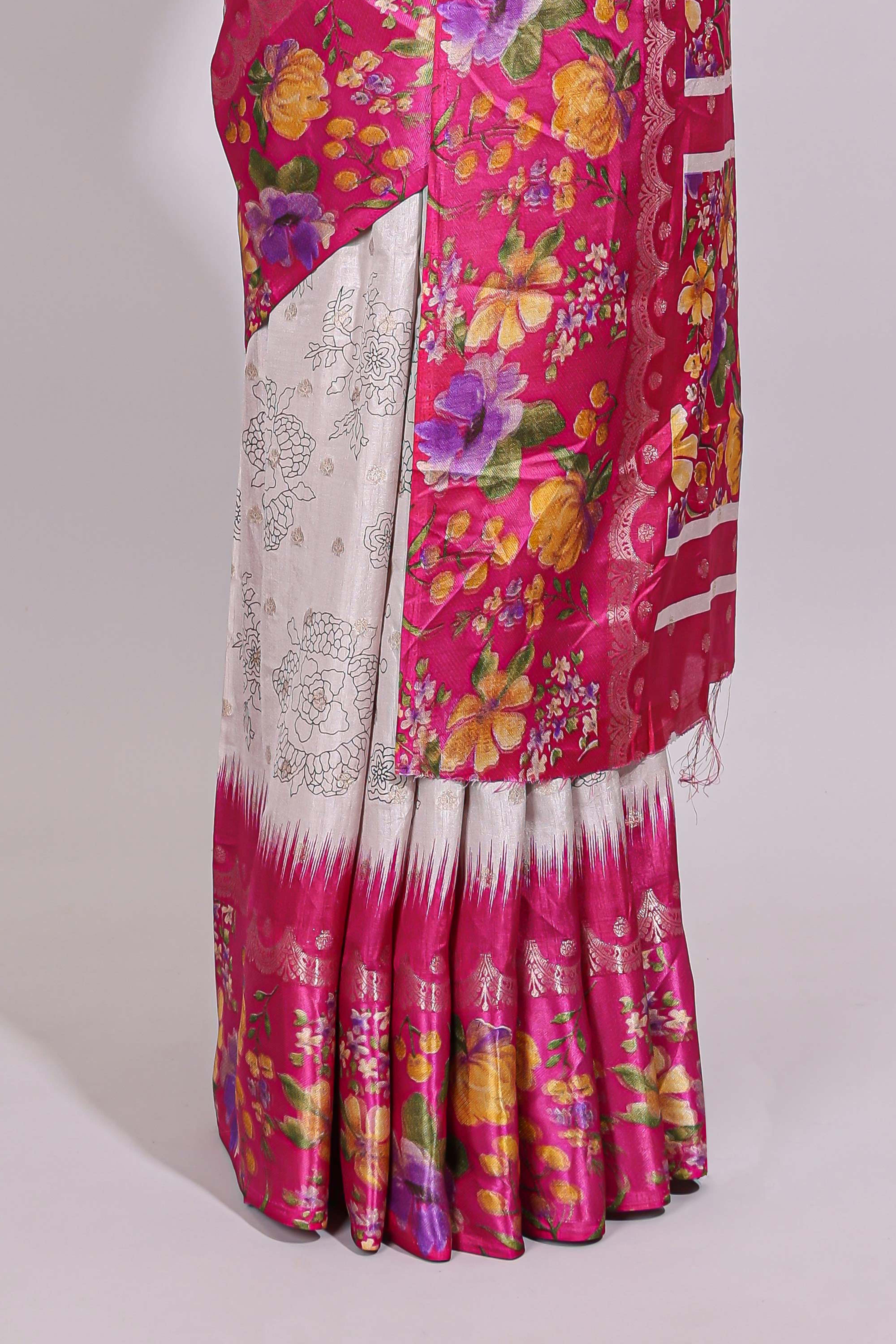Off white floral design dola silk saree with contrast floral border and printed motifs blouse