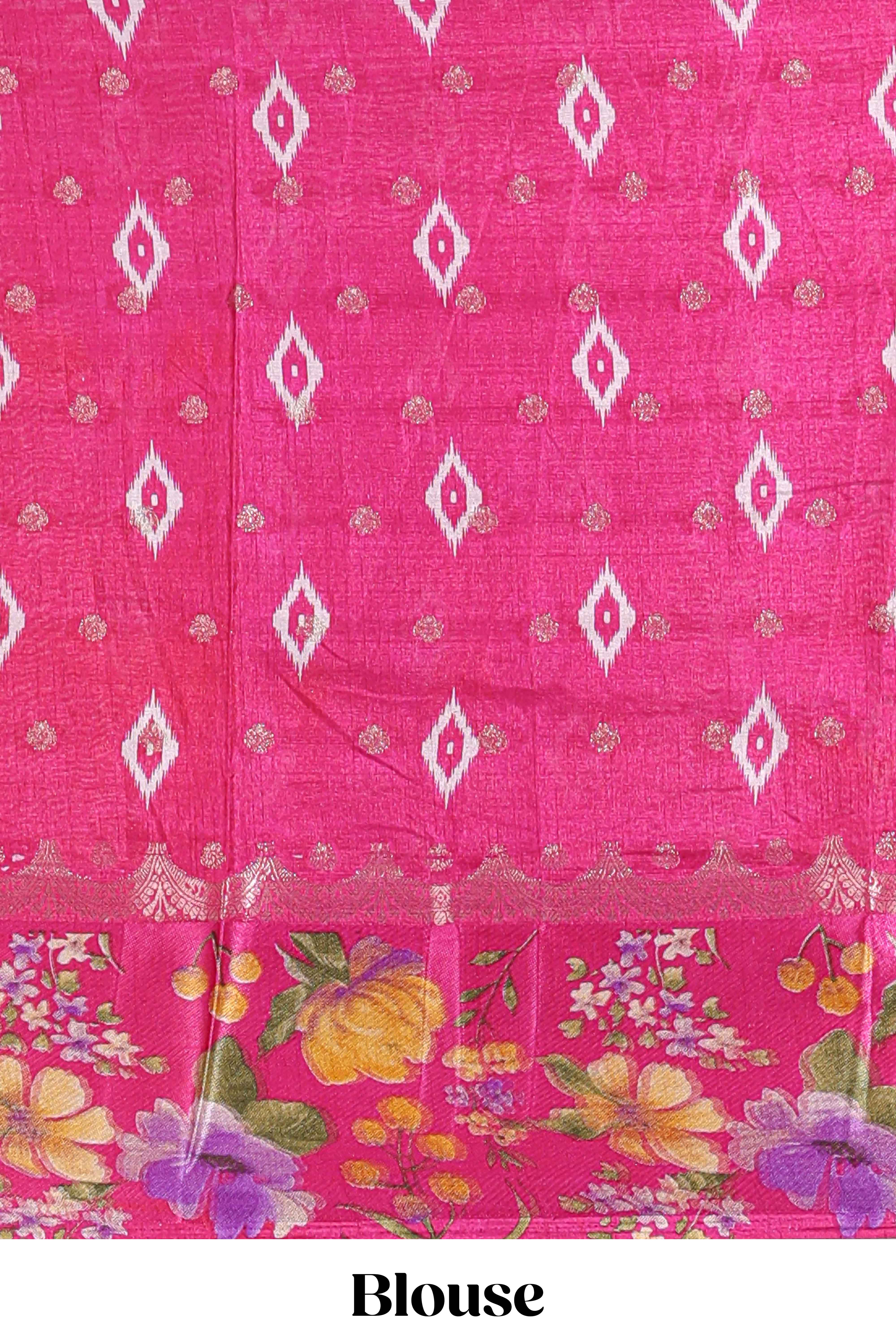Off white floral design dola silk saree with contrast floral border and printed motifs blouse