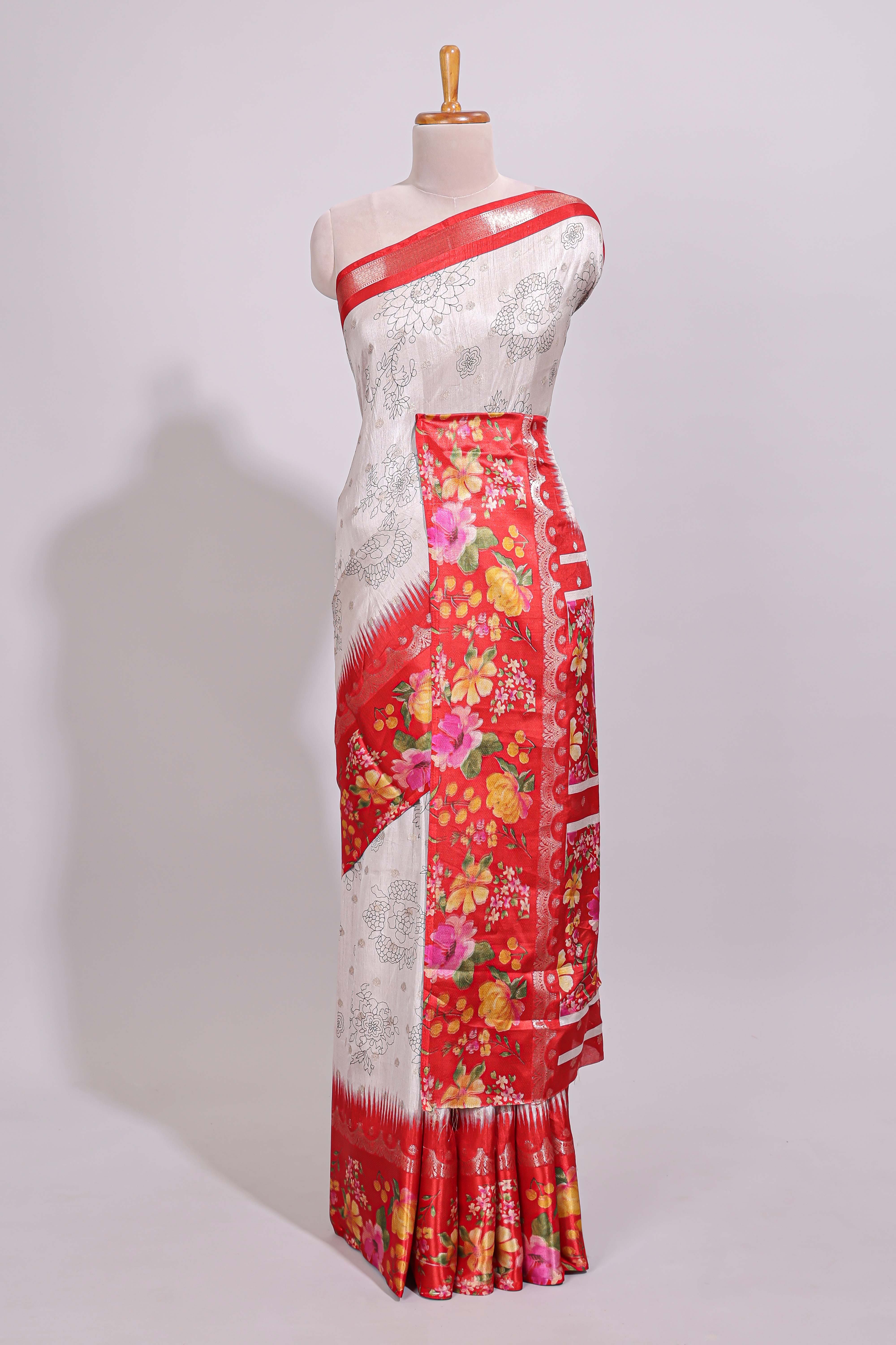 Off white floral design dola silk saree with contrast red border and printed motifs blouse