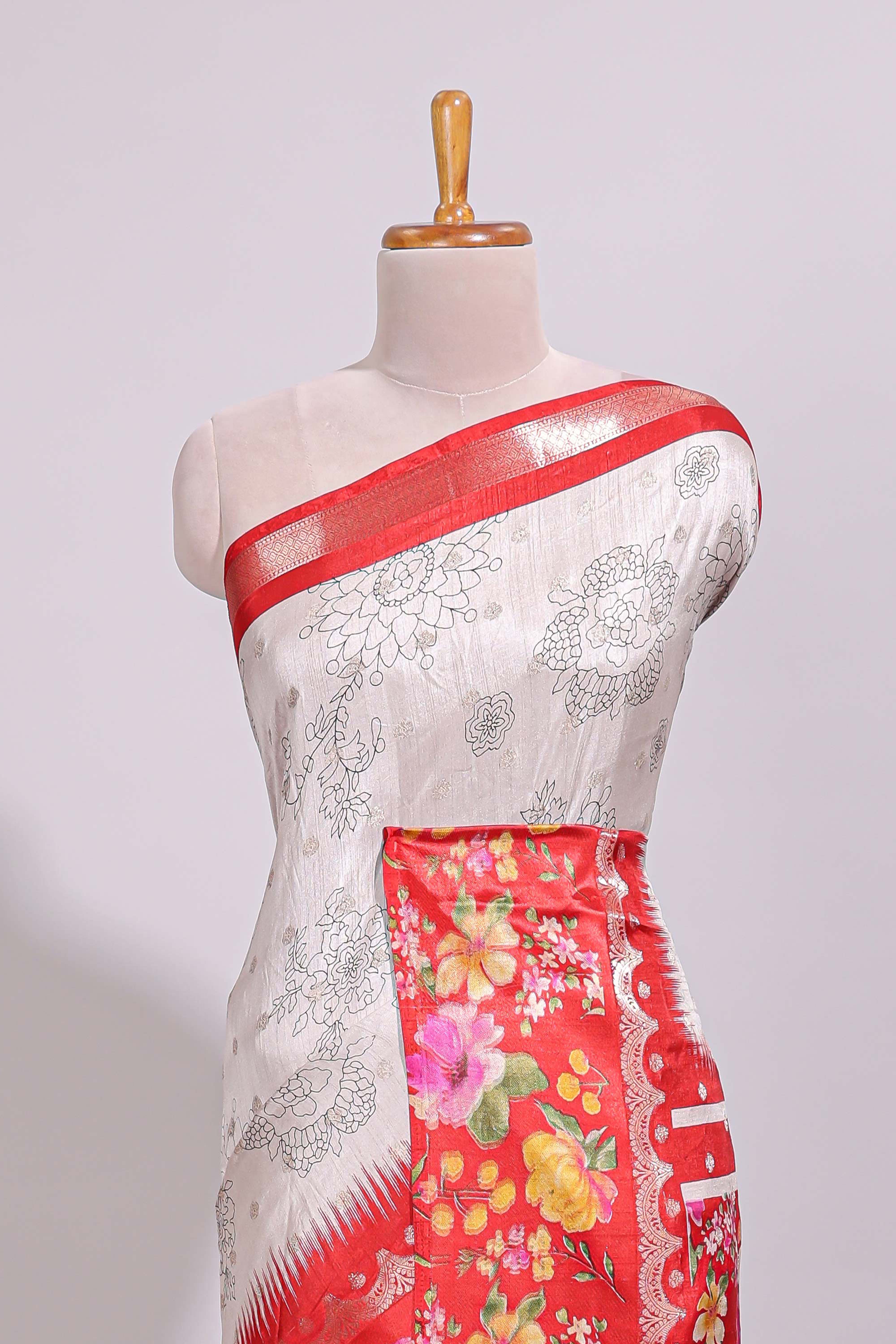 Off white floral design dola silk saree with contrast red border and printed motifs blouse