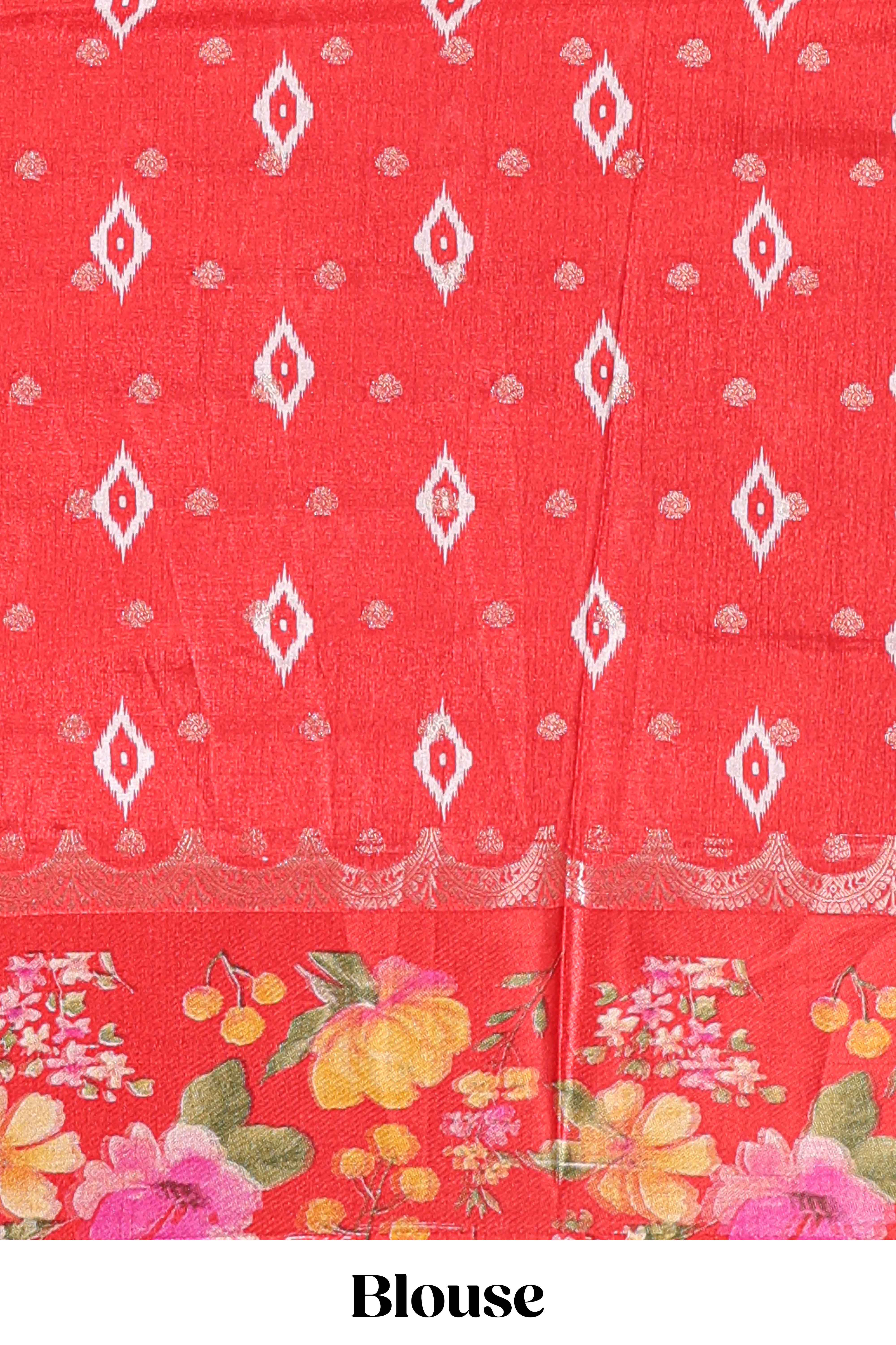 Off white floral design dola silk saree with contrast red border and printed motifs blouse
