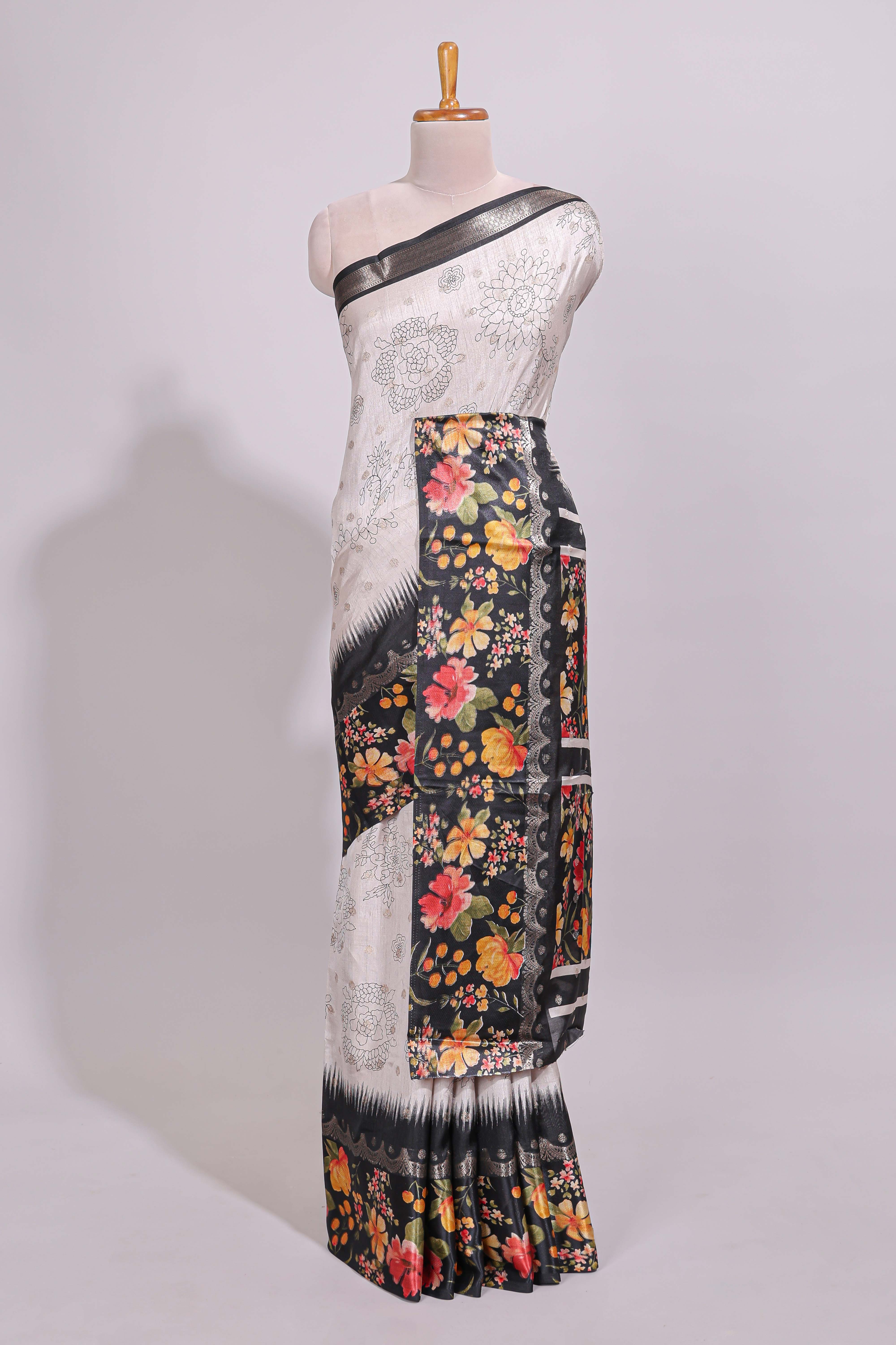 Off white floral design dola silk saree with contrast black border and printed motifs blouse