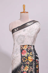 Off white floral design dola silk saree with contrast black border and printed motifs blouse