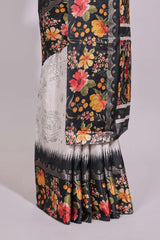 Off white floral design dola silk saree with contrast black border and printed motifs blouse