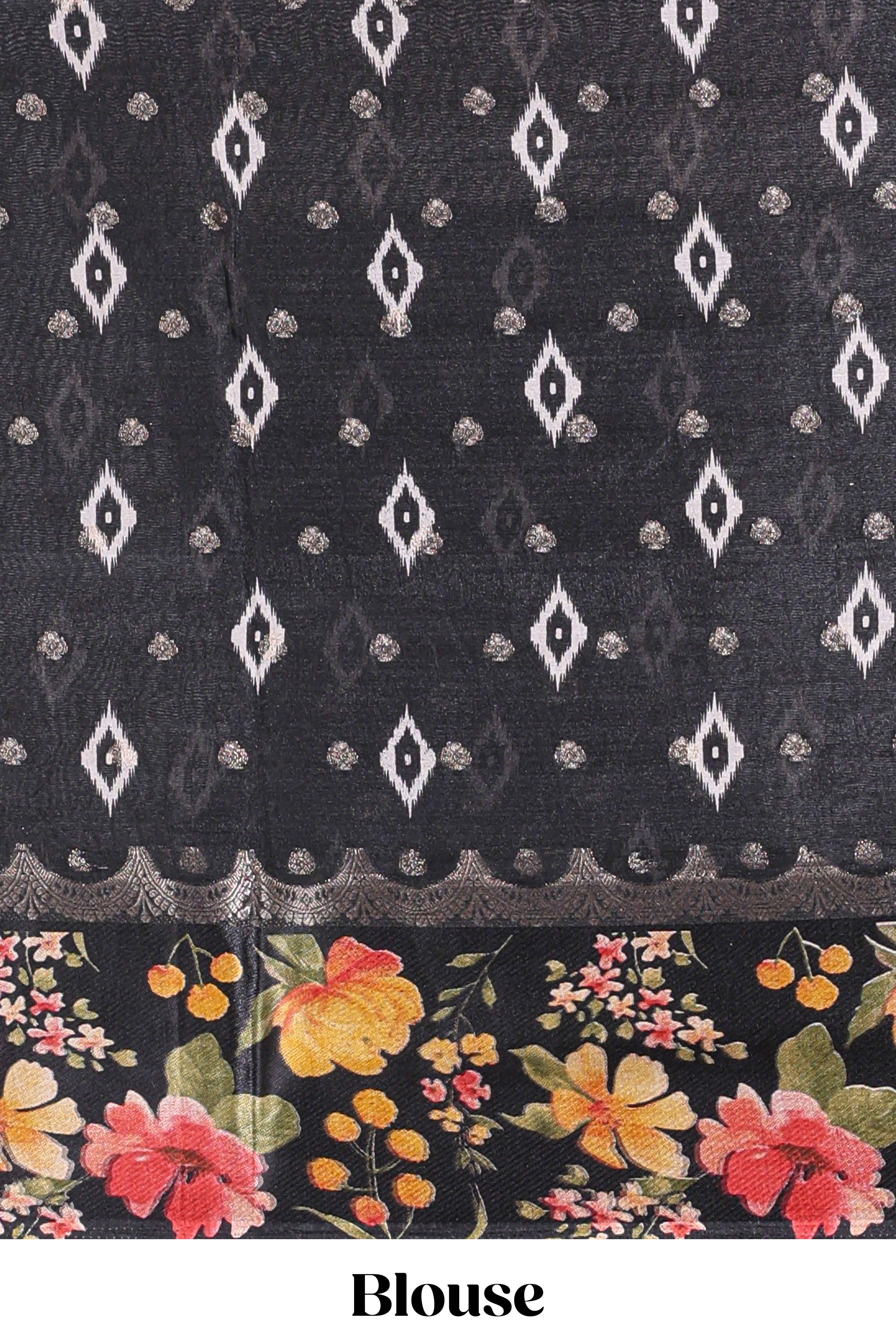 Off white floral design dola silk saree with contrast black border and printed motifs blouse