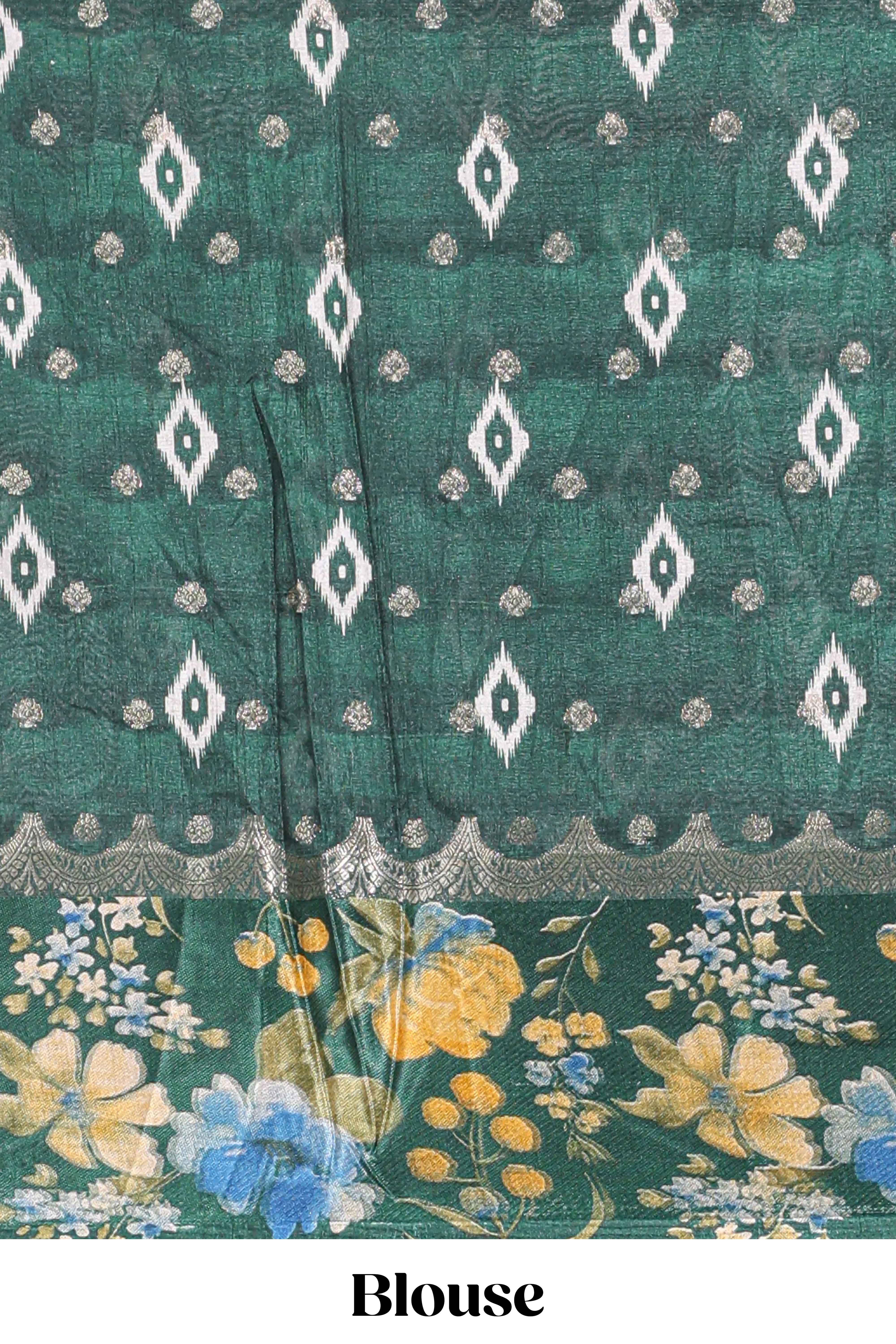 Off white floral design dola silk saree with contrast green border and printed motifs blouse