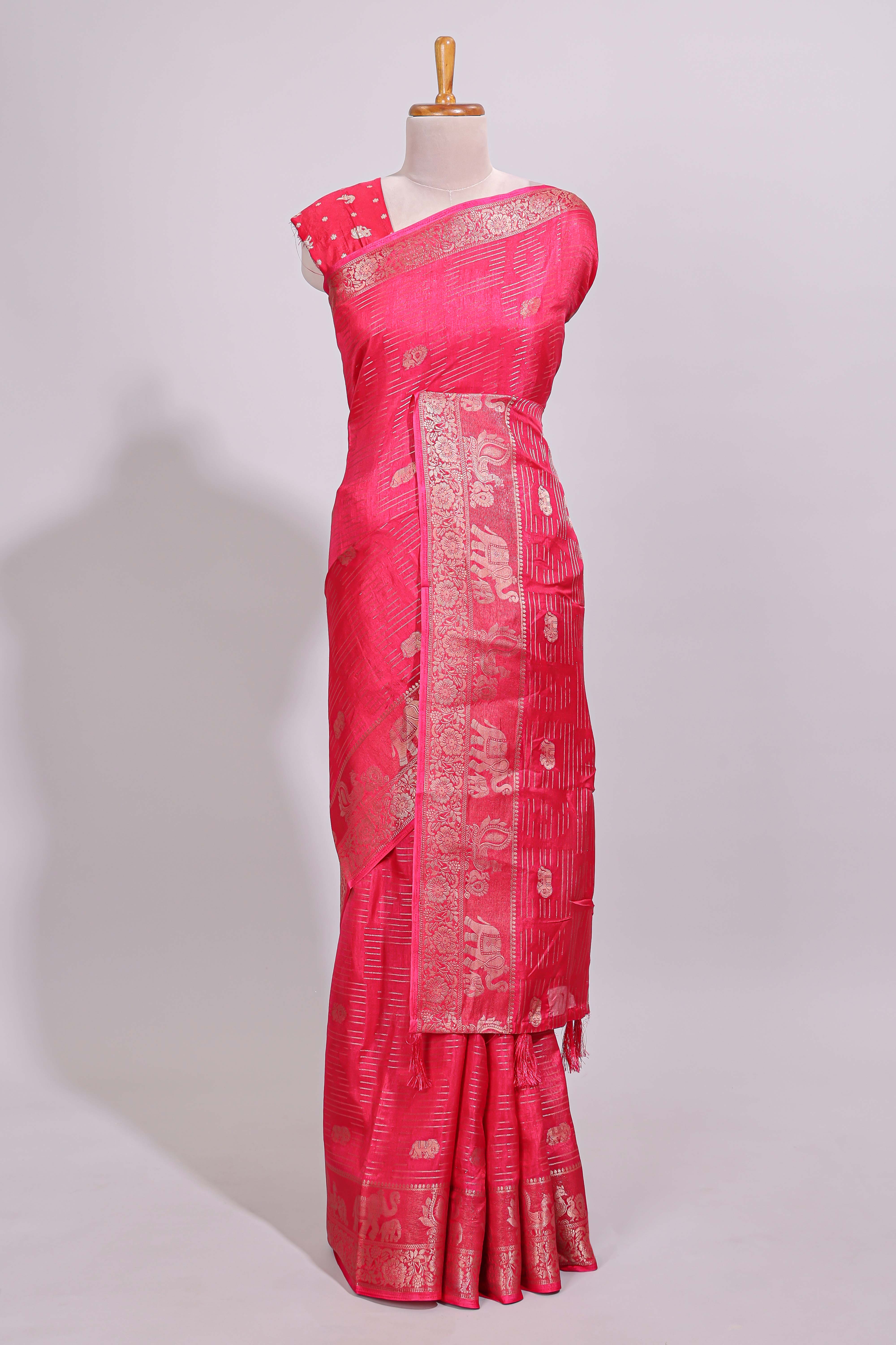 Pink striped elephant & bird zari butta dola silk saree with self zari border and matching zari motifs blouse