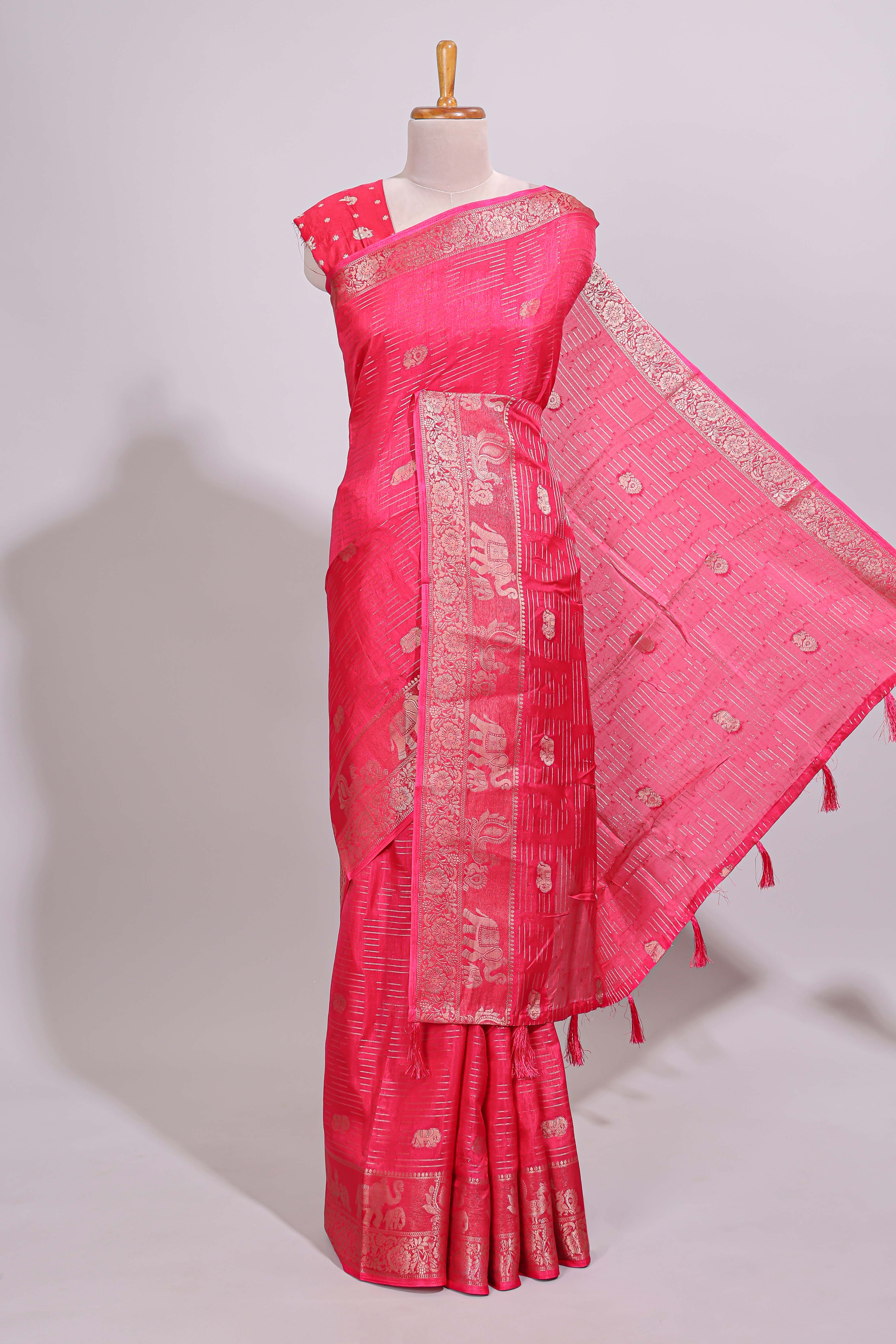 Pink striped elephant & bird zari butta dola silk saree with self zari border and matching zari motifs blouse
