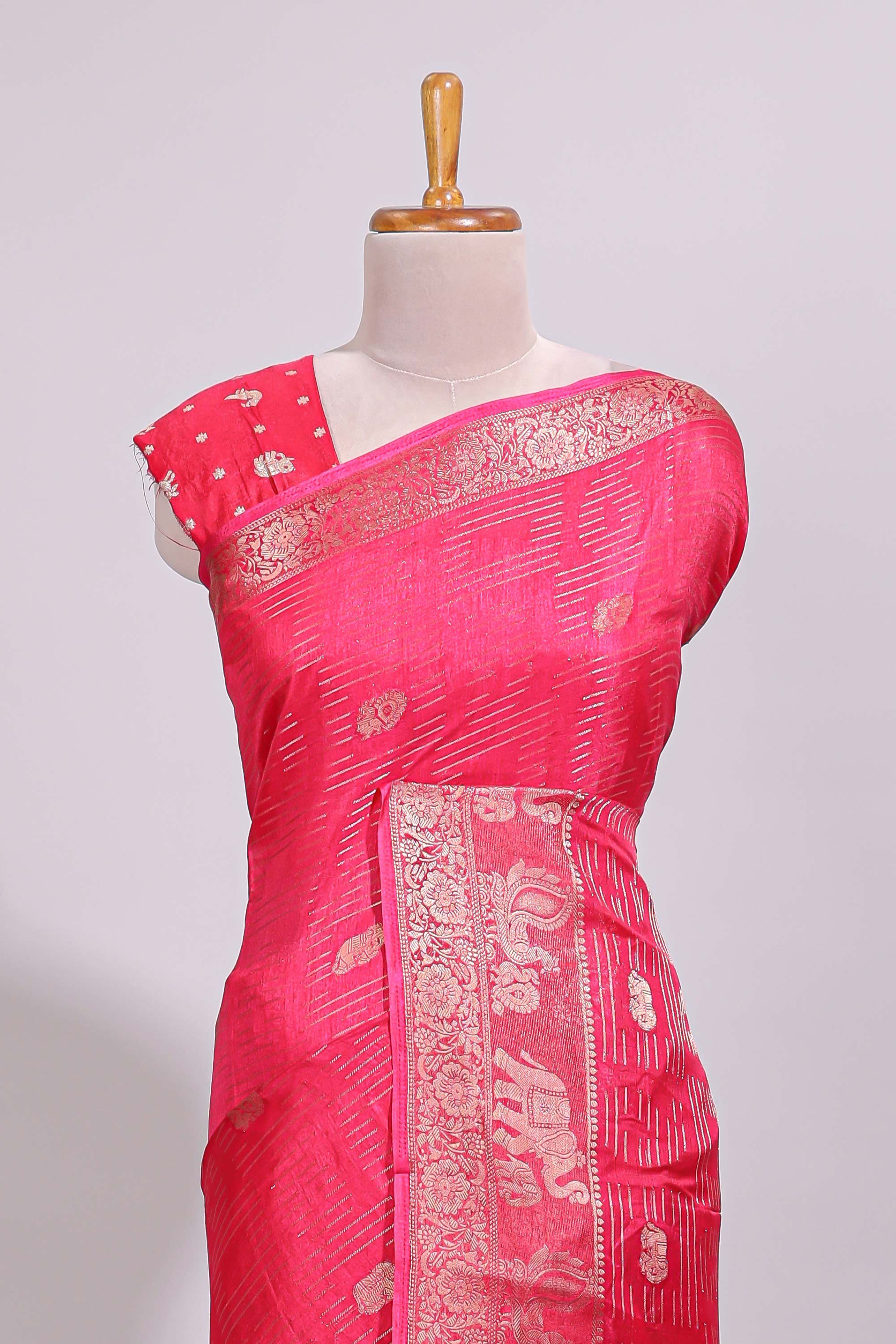 Pink striped elephant & bird zari butta dola silk saree with self zari border and matching zari motifs blouse
