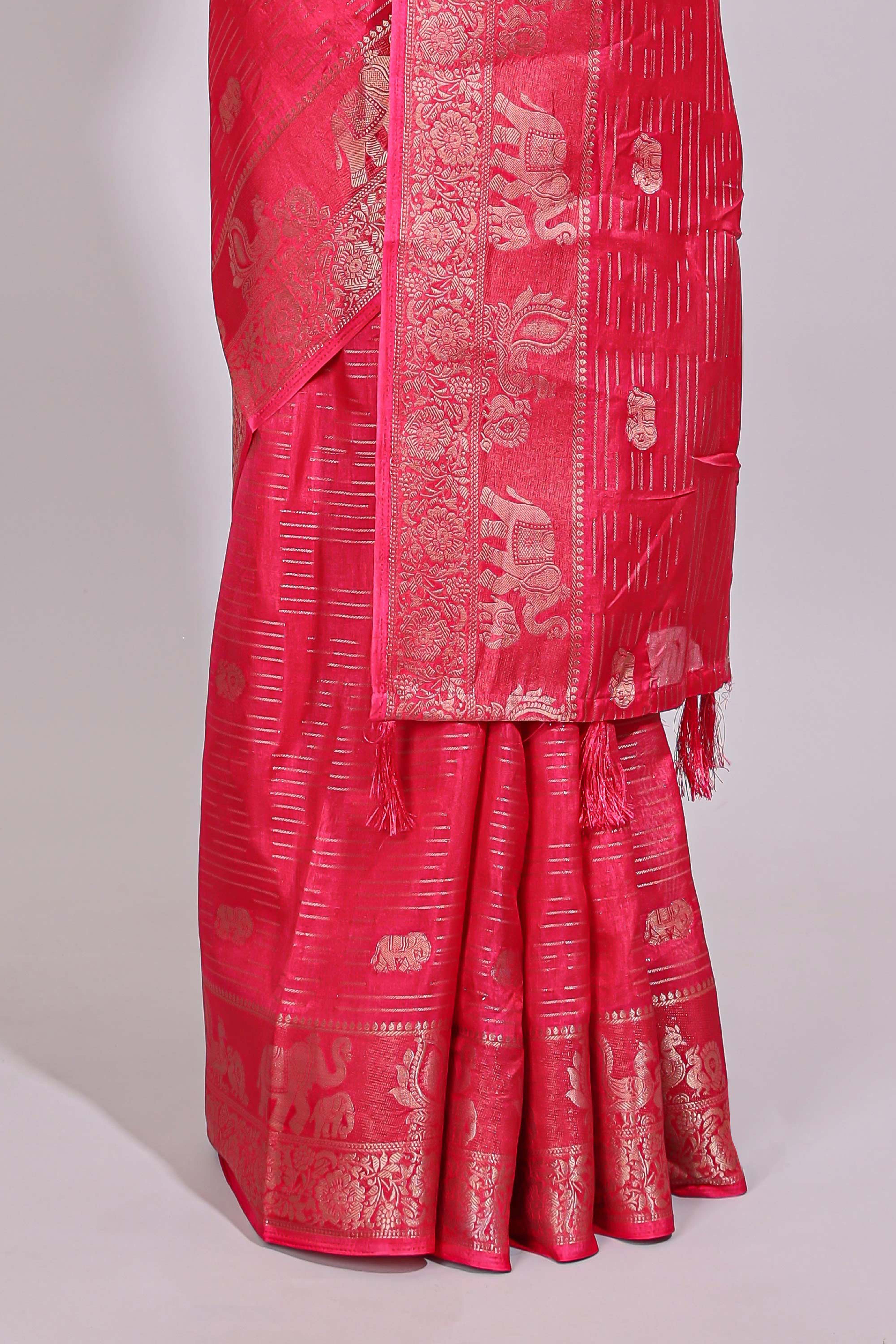Pink striped elephant & bird zari butta dola silk saree with self zari border and matching zari motifs blouse