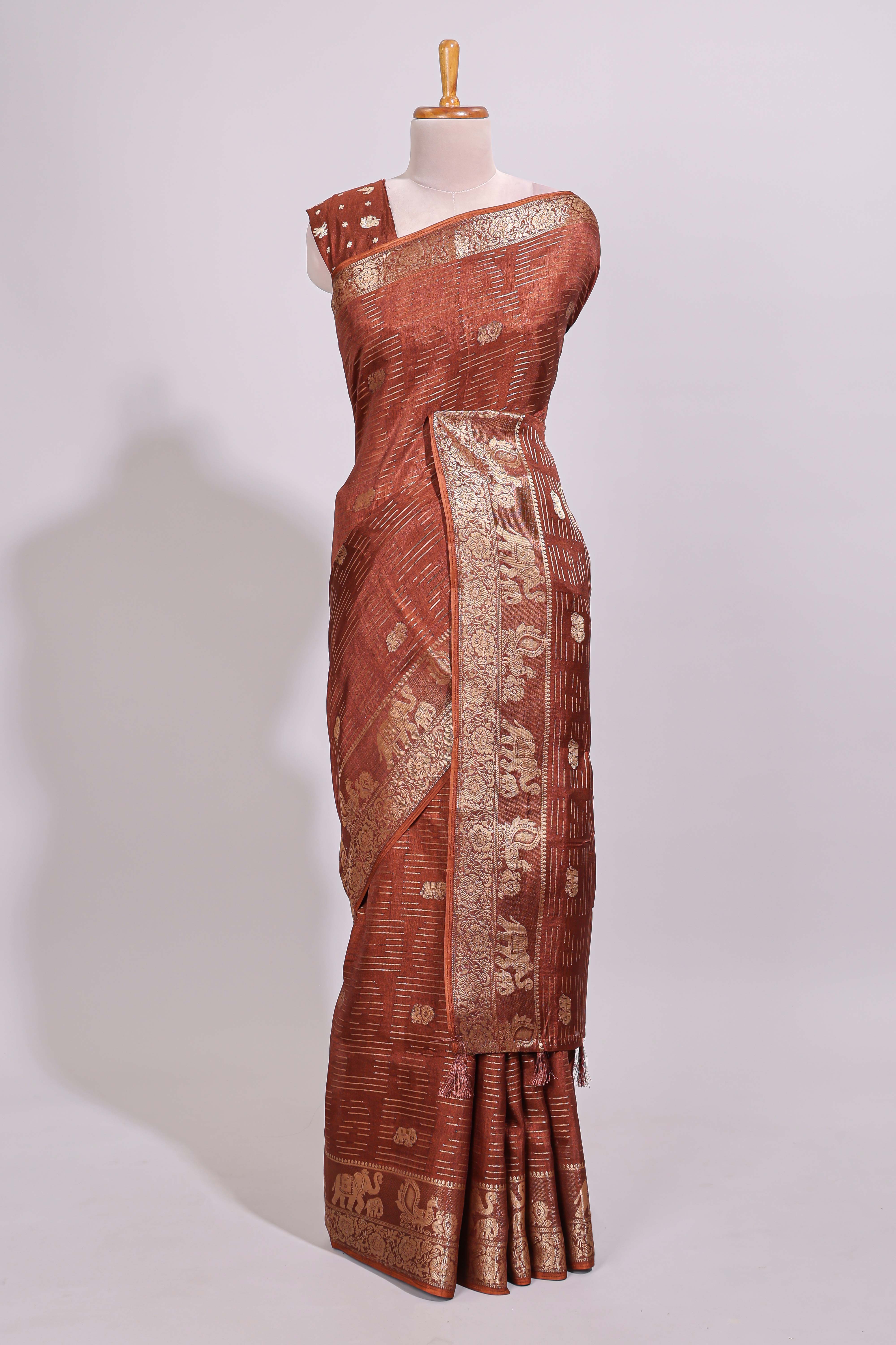 Rust brown striped elephant & bird zari butta dola silk saree with self zari border and matching zari motifs blouse