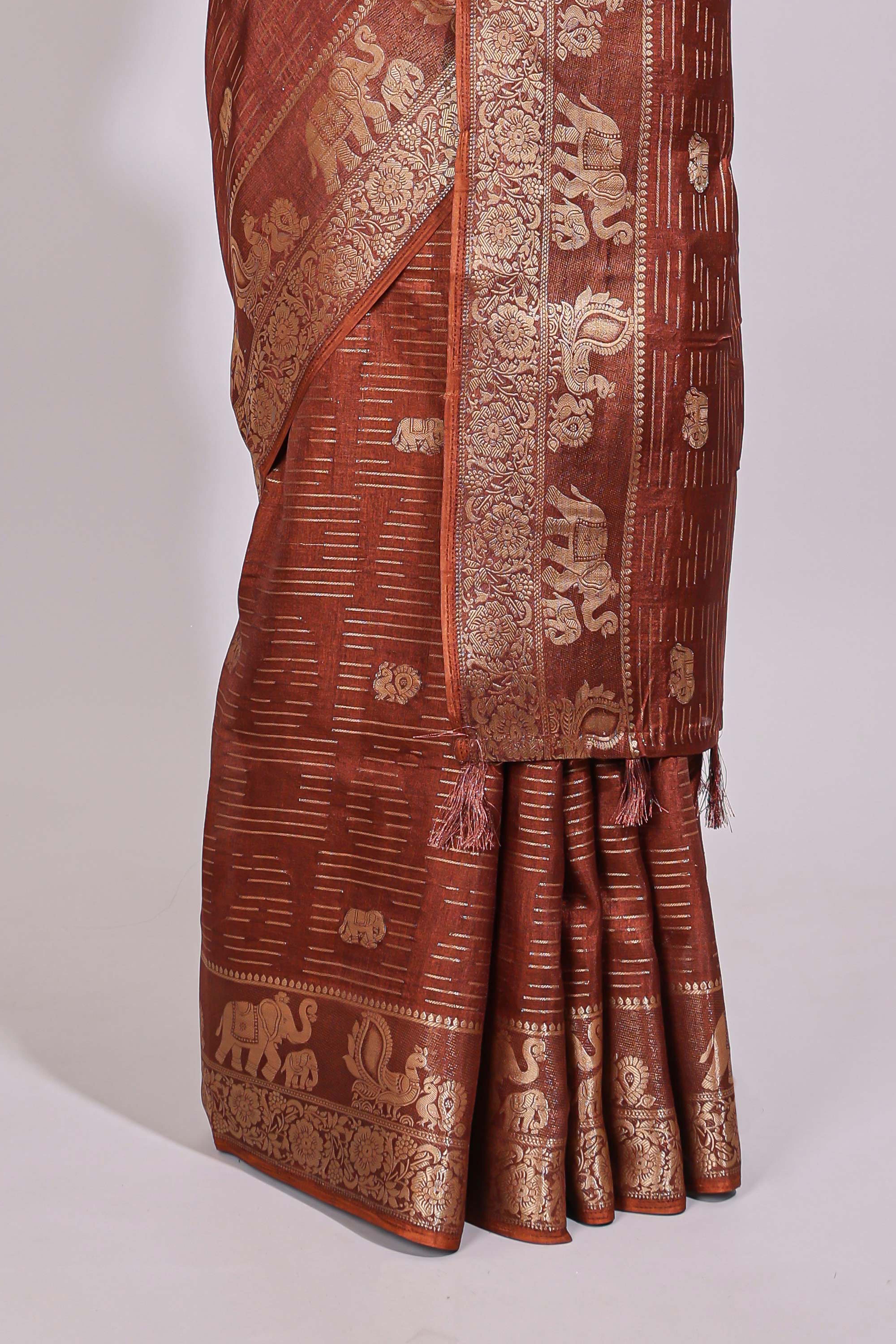 Rust brown striped elephant & bird zari butta dola silk saree with self zari border and matching zari motifs blouse