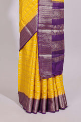 Yellow zari striped dola silk saree with contrast zari border and striped pallu