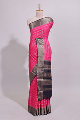 Pink zari striped dola silk saree with contrast zari border and striped pallu