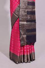 Pink zari striped dola silk saree with contrast zari border and striped pallu