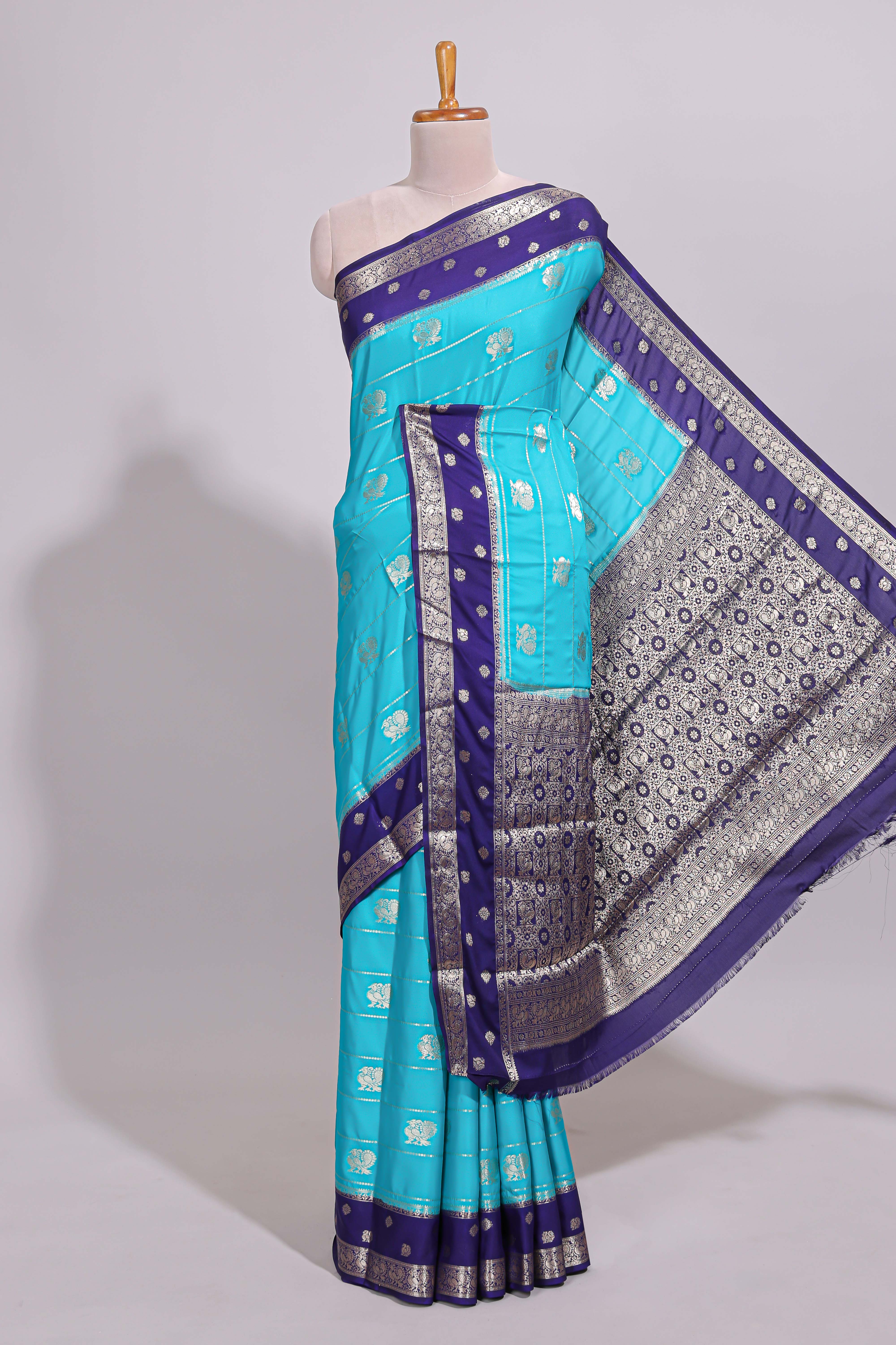Blue striped bird zari butta dola silk saree with contrast zari border and blouse