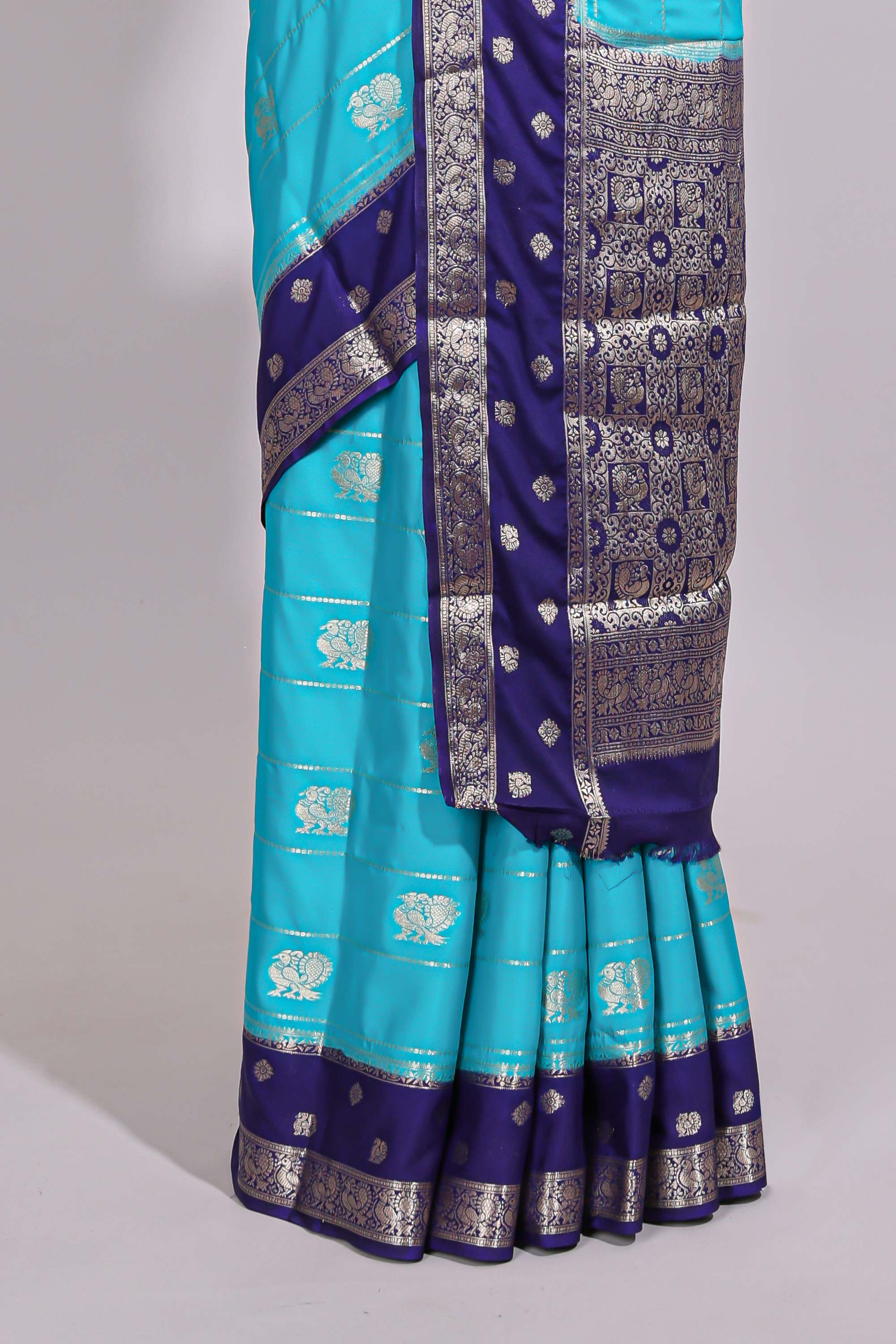 Blue striped bird zari butta dola silk saree with contrast zari border and blouse