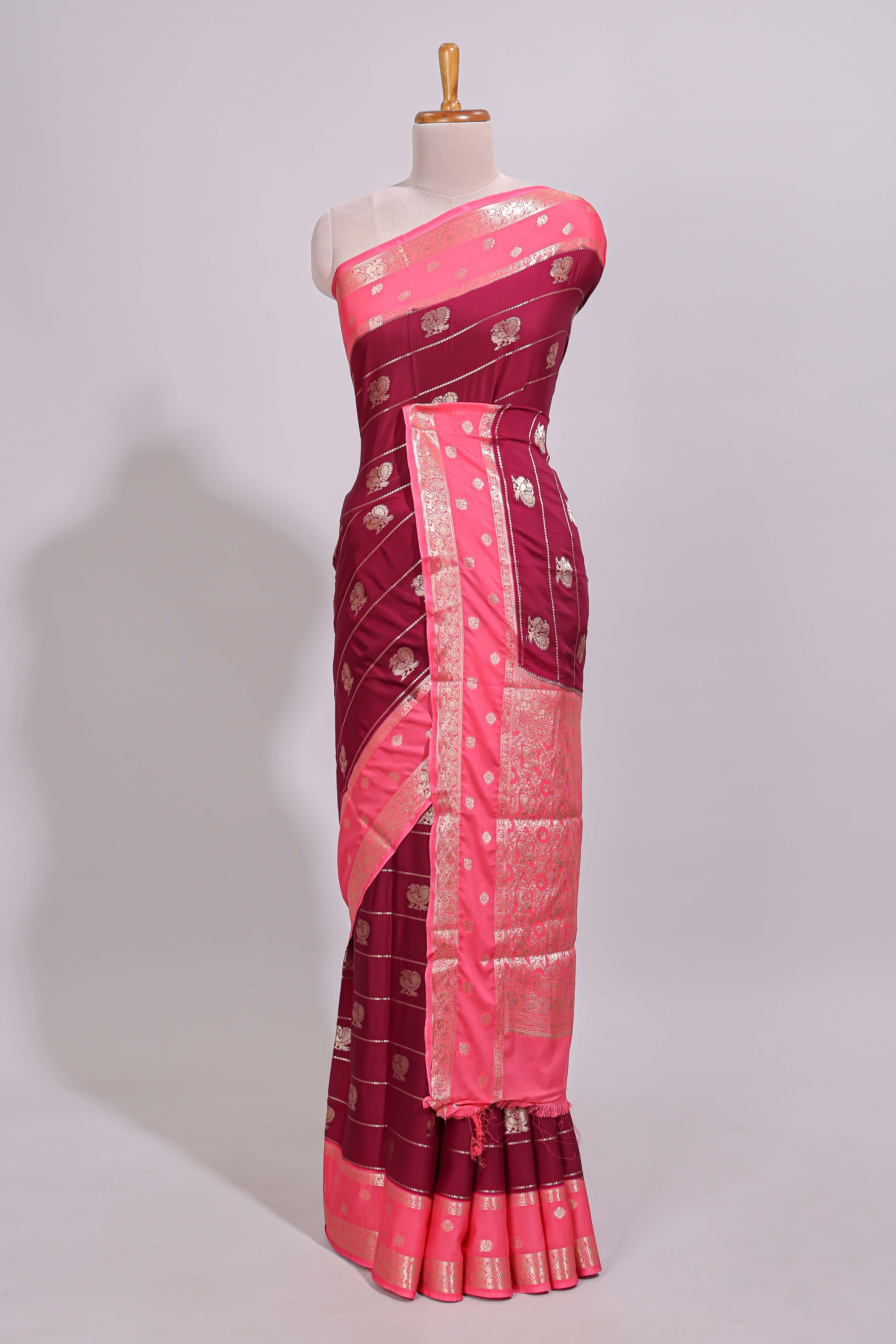 Maroon striped bird zari butta dola silk saree with contrast zari border and blouse