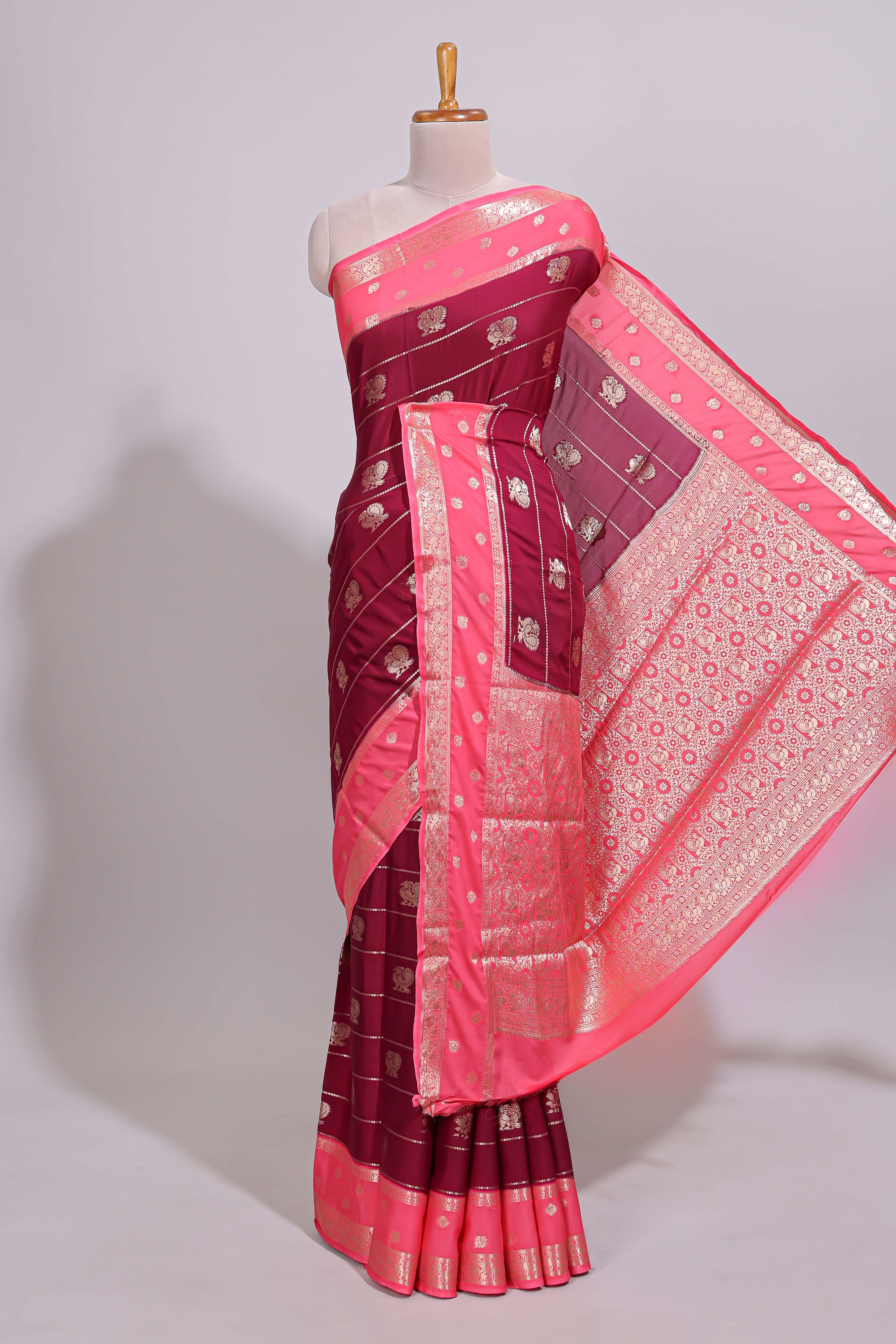 Maroon striped bird zari butta dola silk saree with contrast zari border and blouse