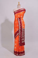 Orange striped bird zari butta dola silk saree with contrast zari border and blouse