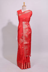 Red striped elephant & bird zari butta dola silk saree with self zari border and matching zari motifs blouse