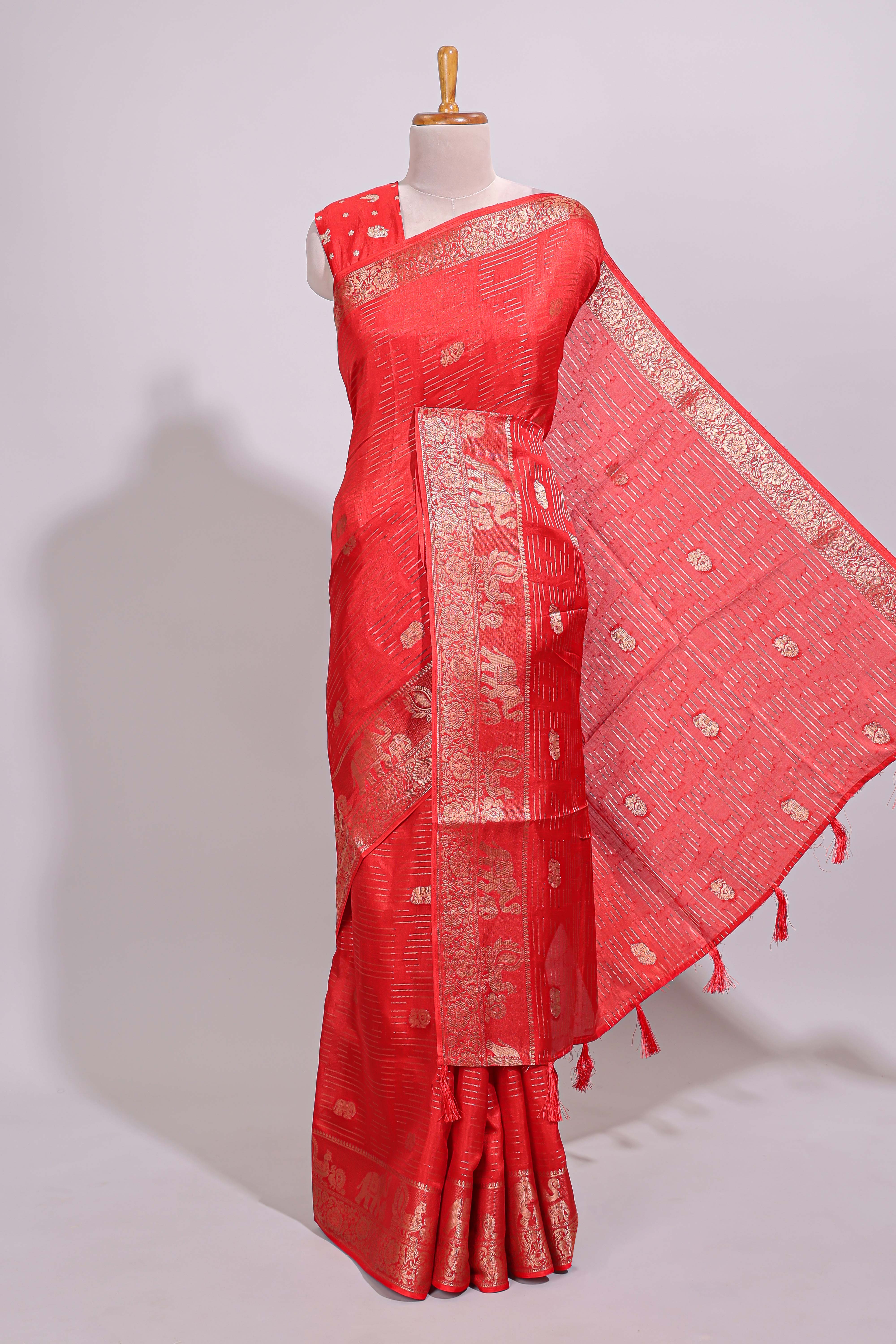 Red striped elephant & bird zari butta dola silk saree with self zari border and matching zari motifs blouse