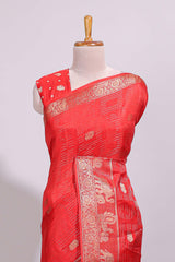 Red striped elephant & bird zari butta dola silk saree with self zari border and matching zari motifs blouse
