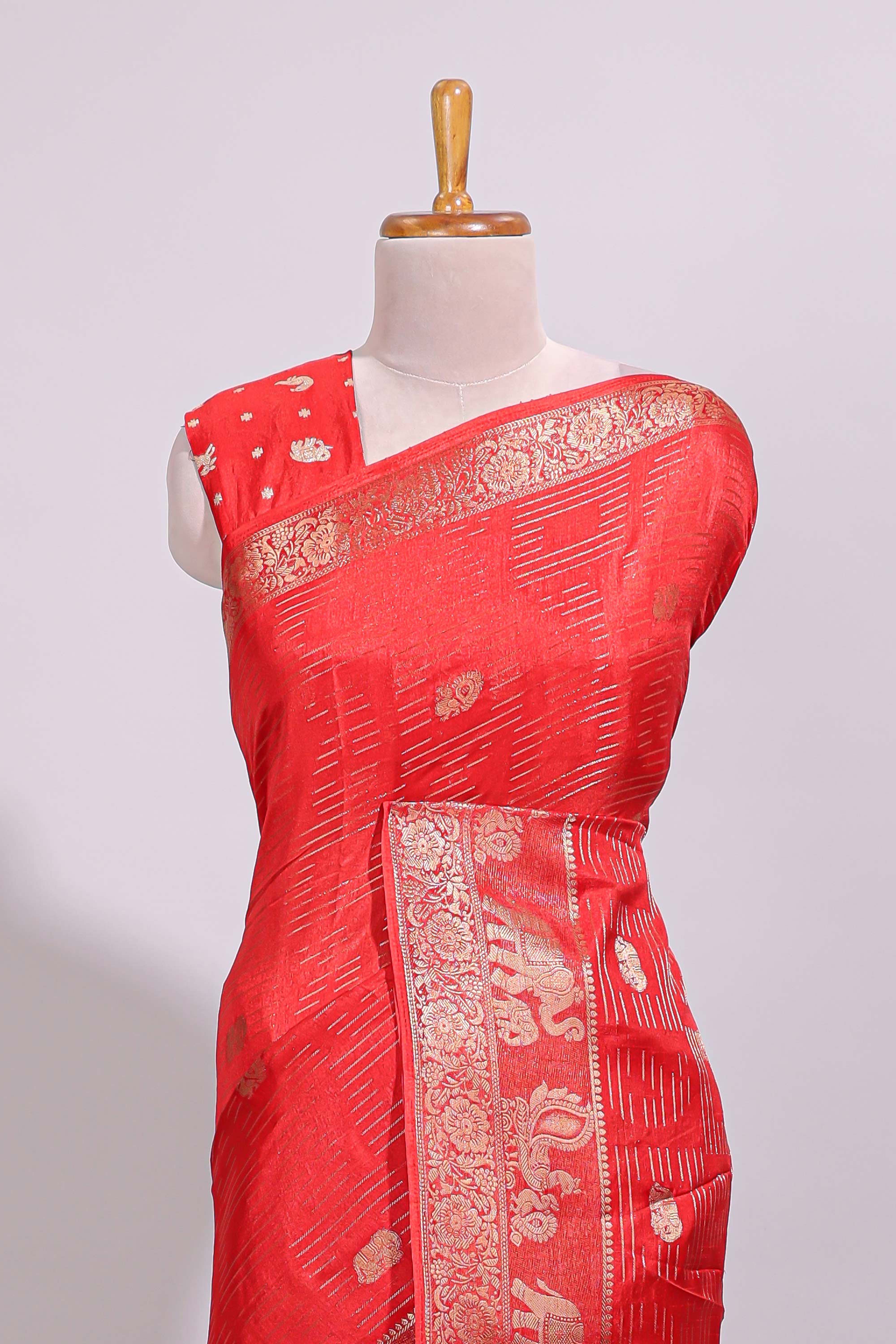 Red striped elephant & bird zari butta dola silk saree with self zari border and matching zari motifs blouse