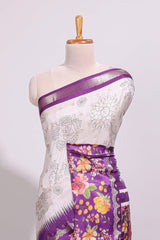 Off white floral design dola silk saree with contrast violet floral border and printed motifs blouse