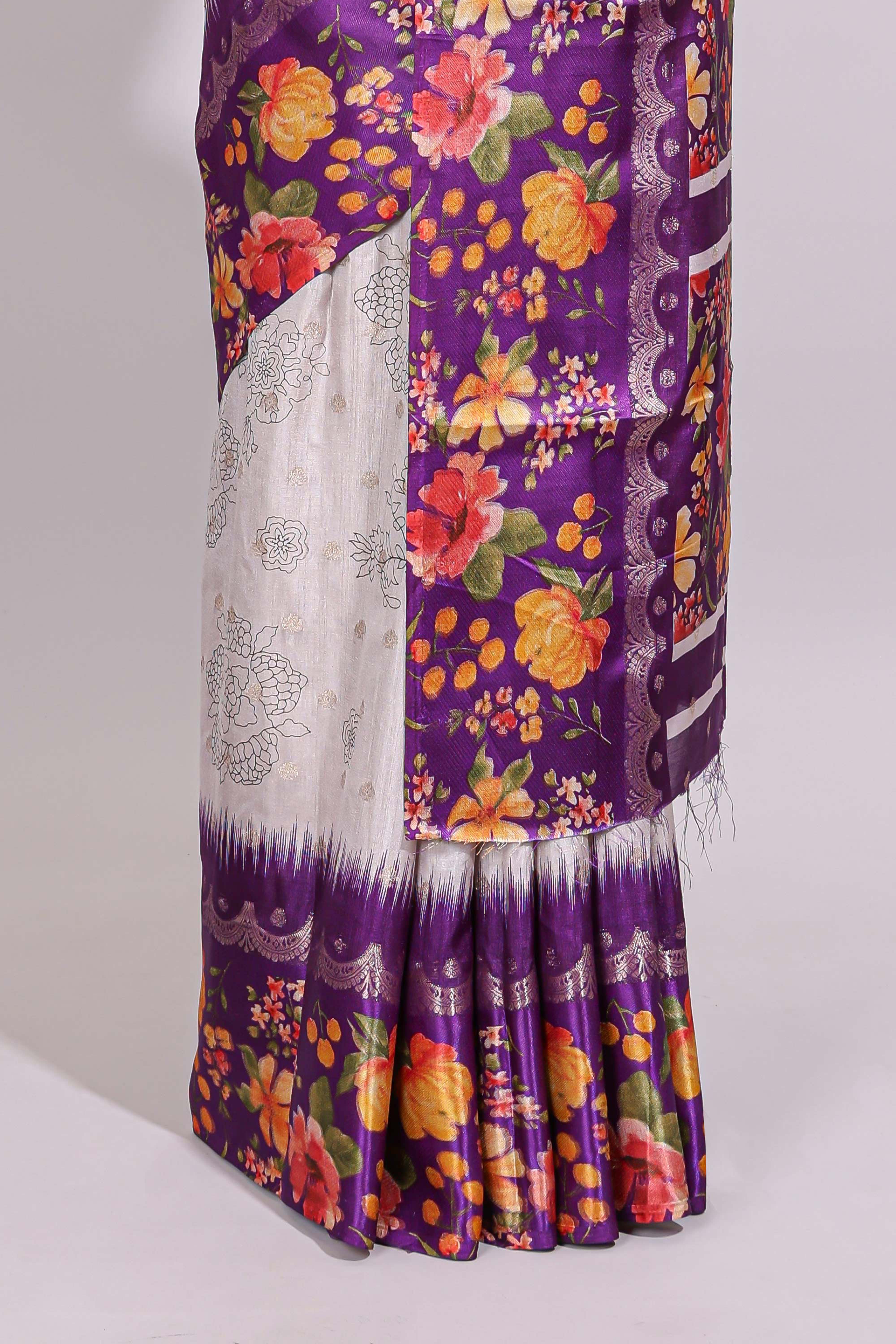 Off white floral design dola silk saree with contrast violet floral border and printed motifs blouse